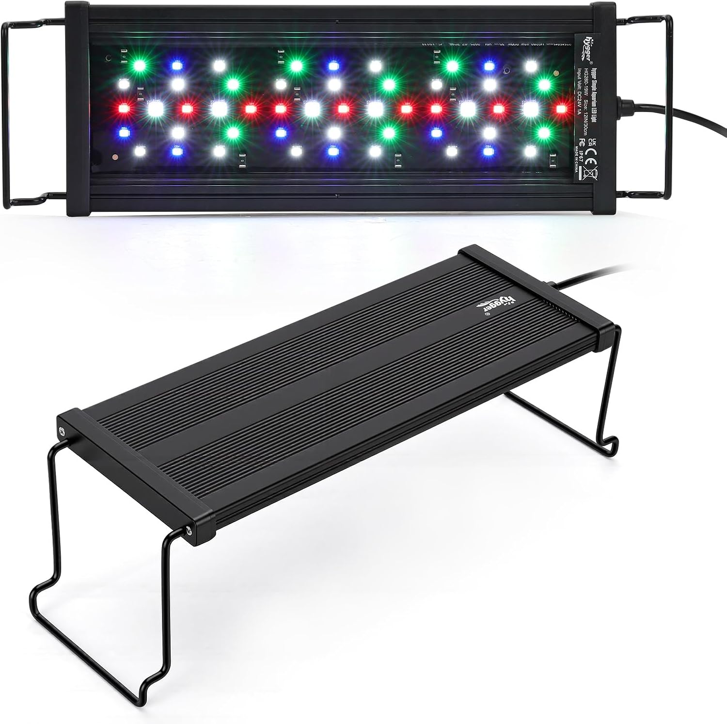 hygger auto on off aquarium LED light with full spectrum, 4-mode lighting system, mounted on aquarium with adjustable bracket