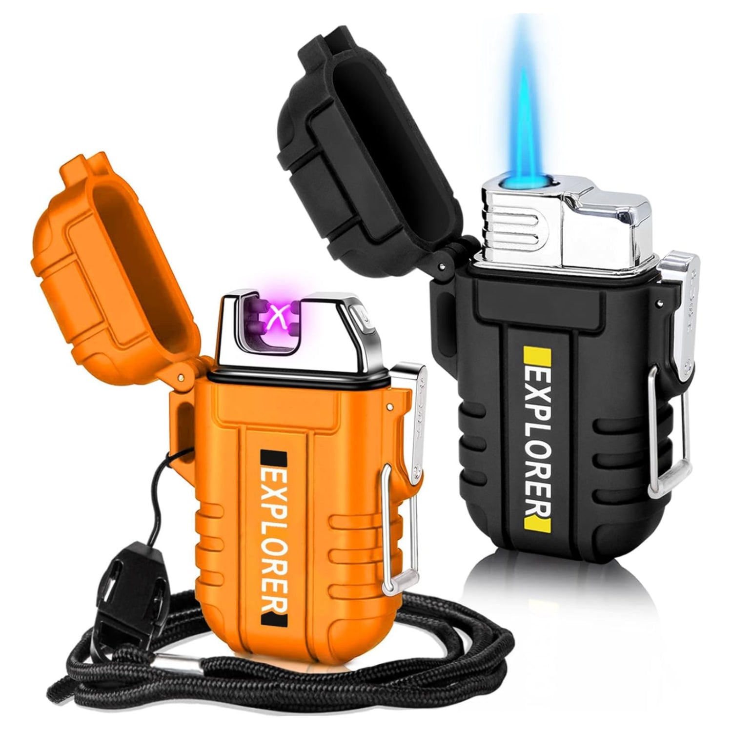 Two lighters, one orange and one black, with 'Explorer' branding, on a white background.