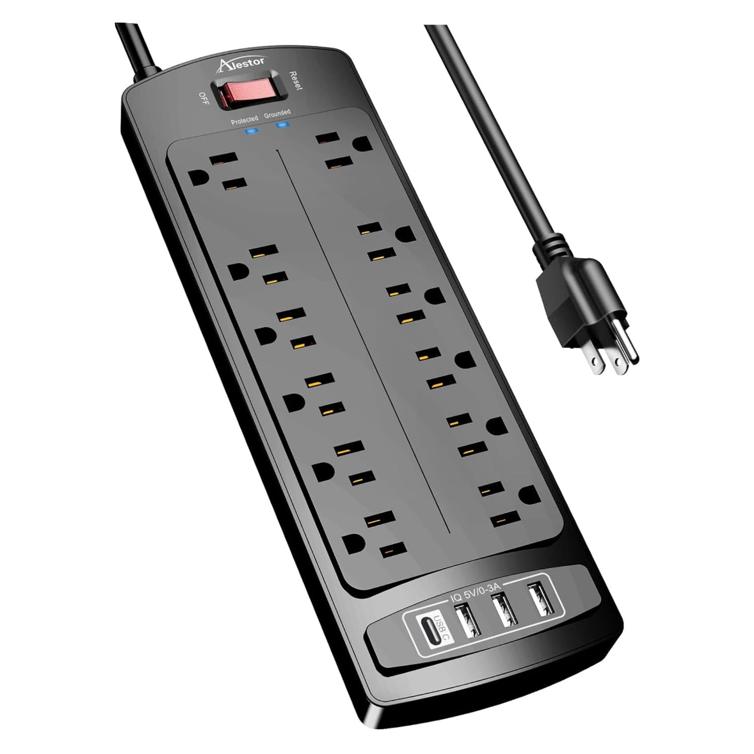 Power strip with multiple outlets and USB ports on a white background