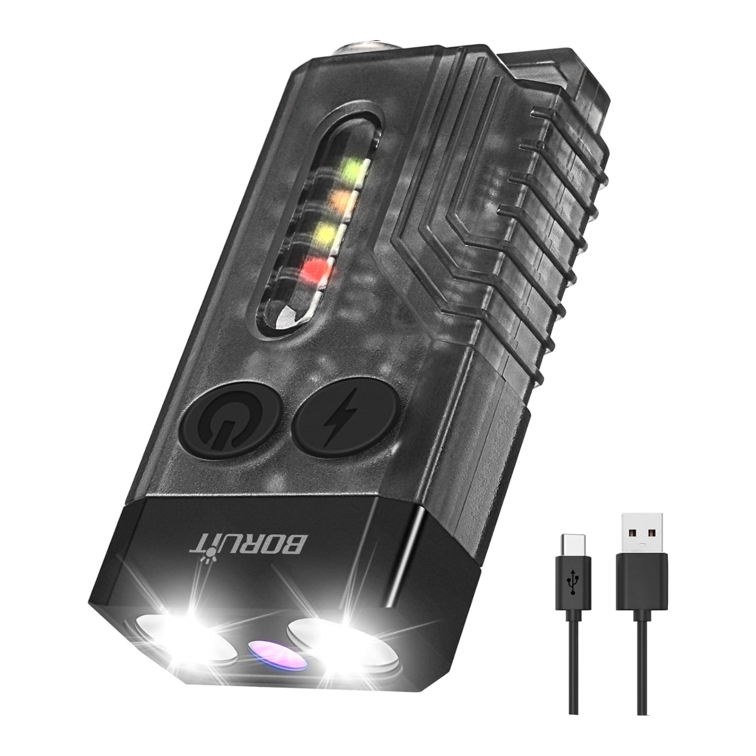 Black portable light with USB cable on a white background