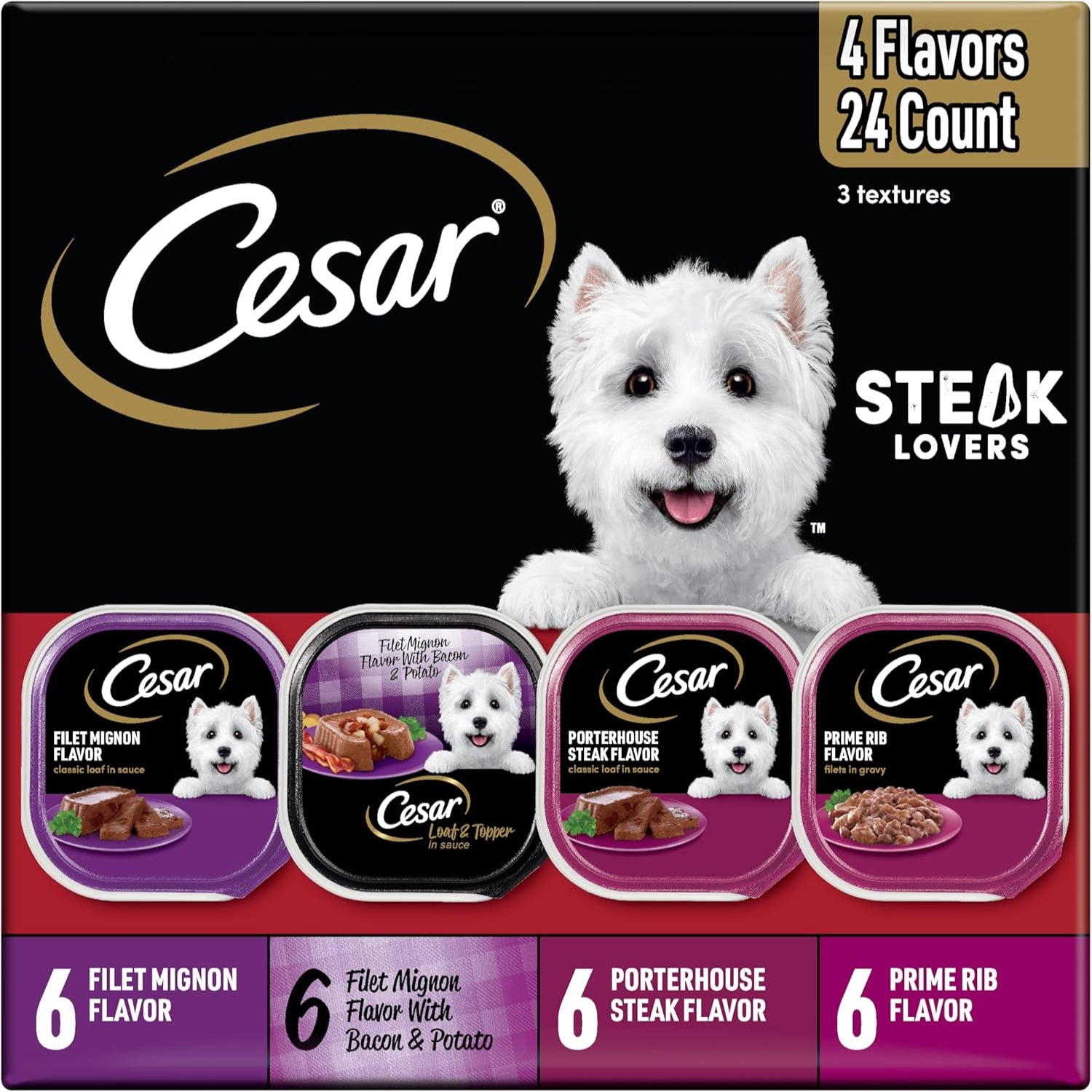 Cesar Wet Dog Food Steak Lovers Variety Pack for adult dogs, featuring opened cans with beef steak flavor wet dog food.