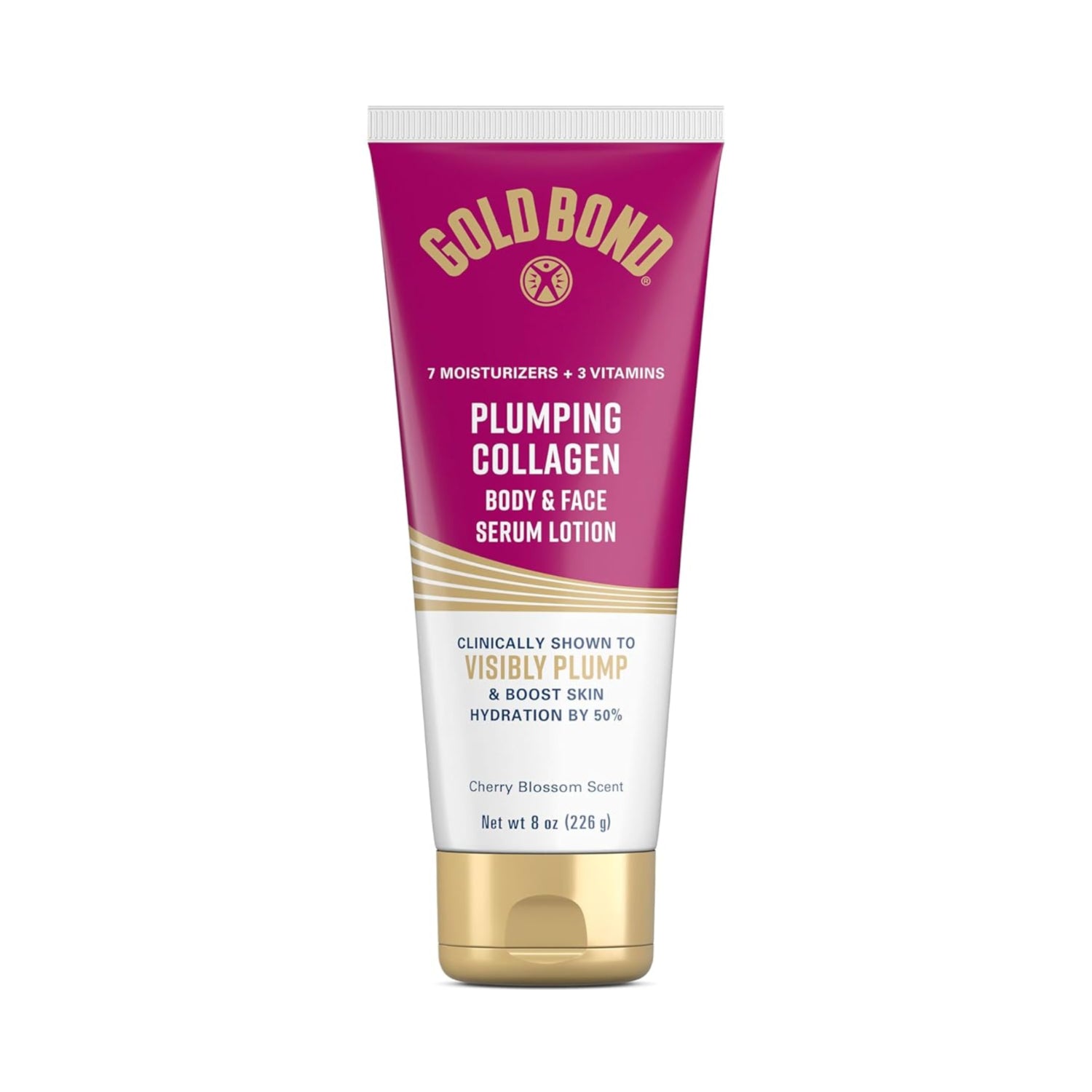 Gold Bond Plumping Collagen body and face serum lotion tube on a white background