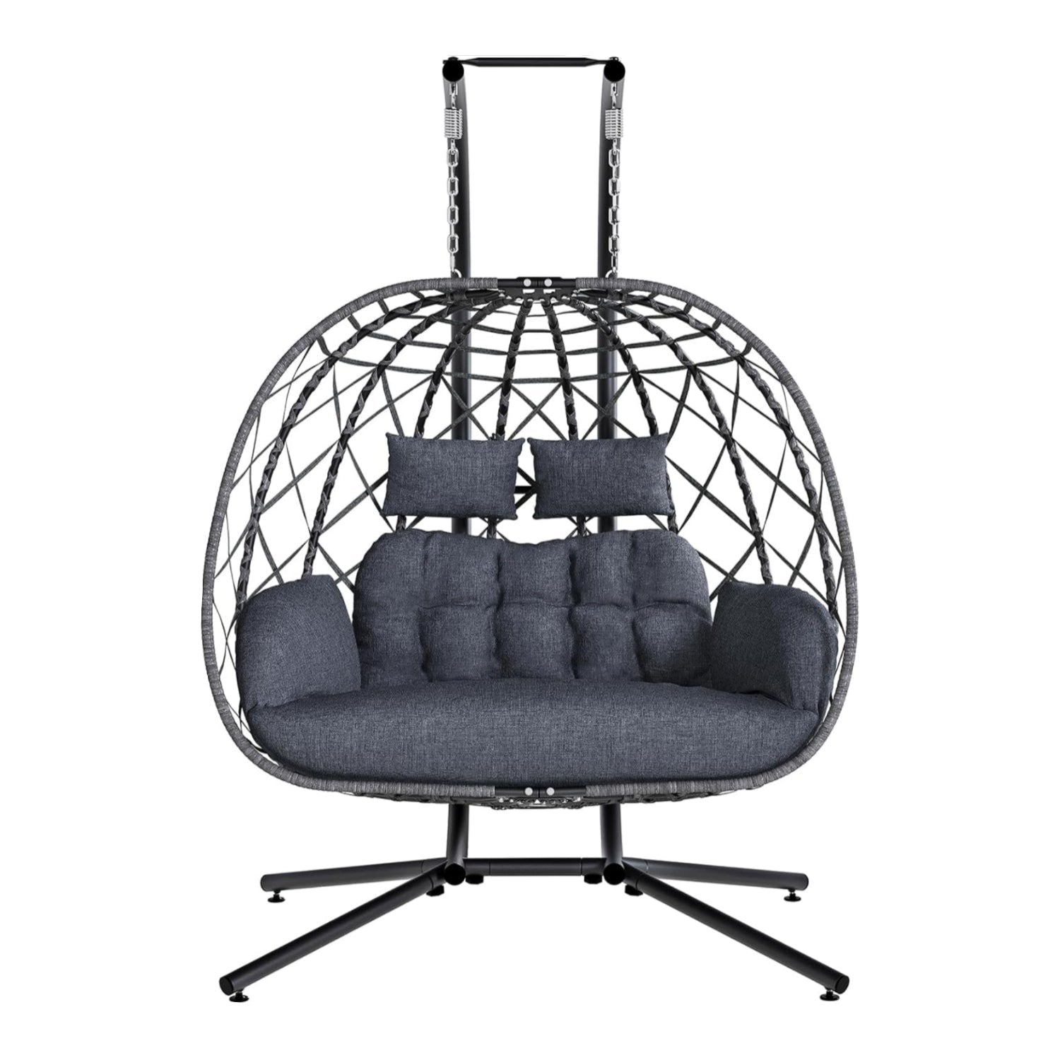 SWITTE double egg swing chair with stand, showing cozy outdoor indoor seating for two with cushioned seats and a sturdy frame.