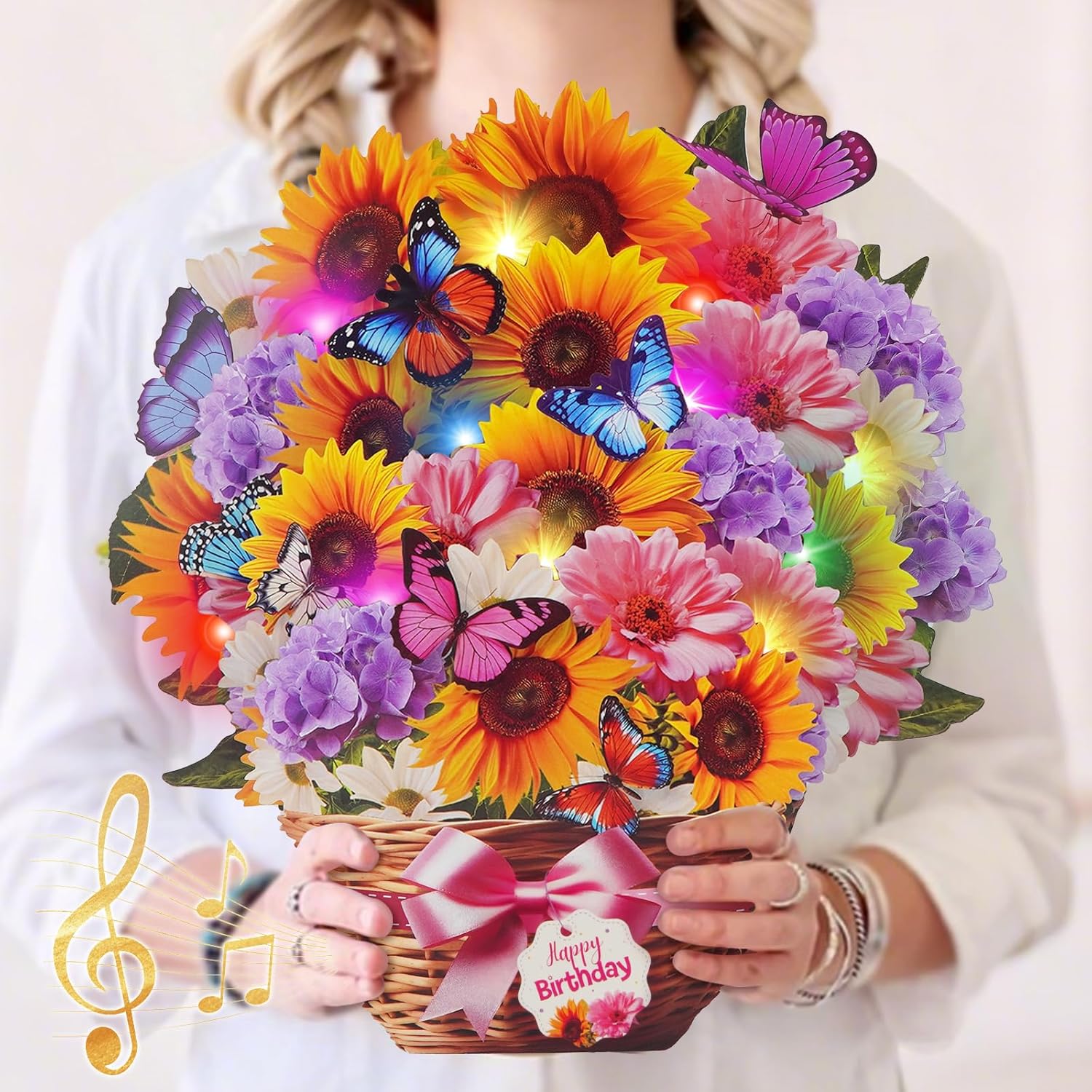 MZD8391 birthday pop-up card with music and lights, featuring colorful happy birthday design and intricate paper craftsmanship.
