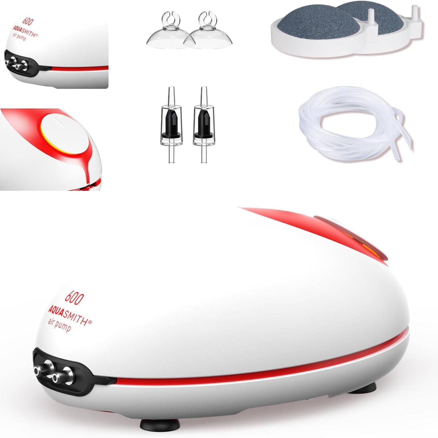 AQUASMITH 5W ultra-quiet aquarium air pump with adjustable airflow for aeration and oxygenation of fish tanks.