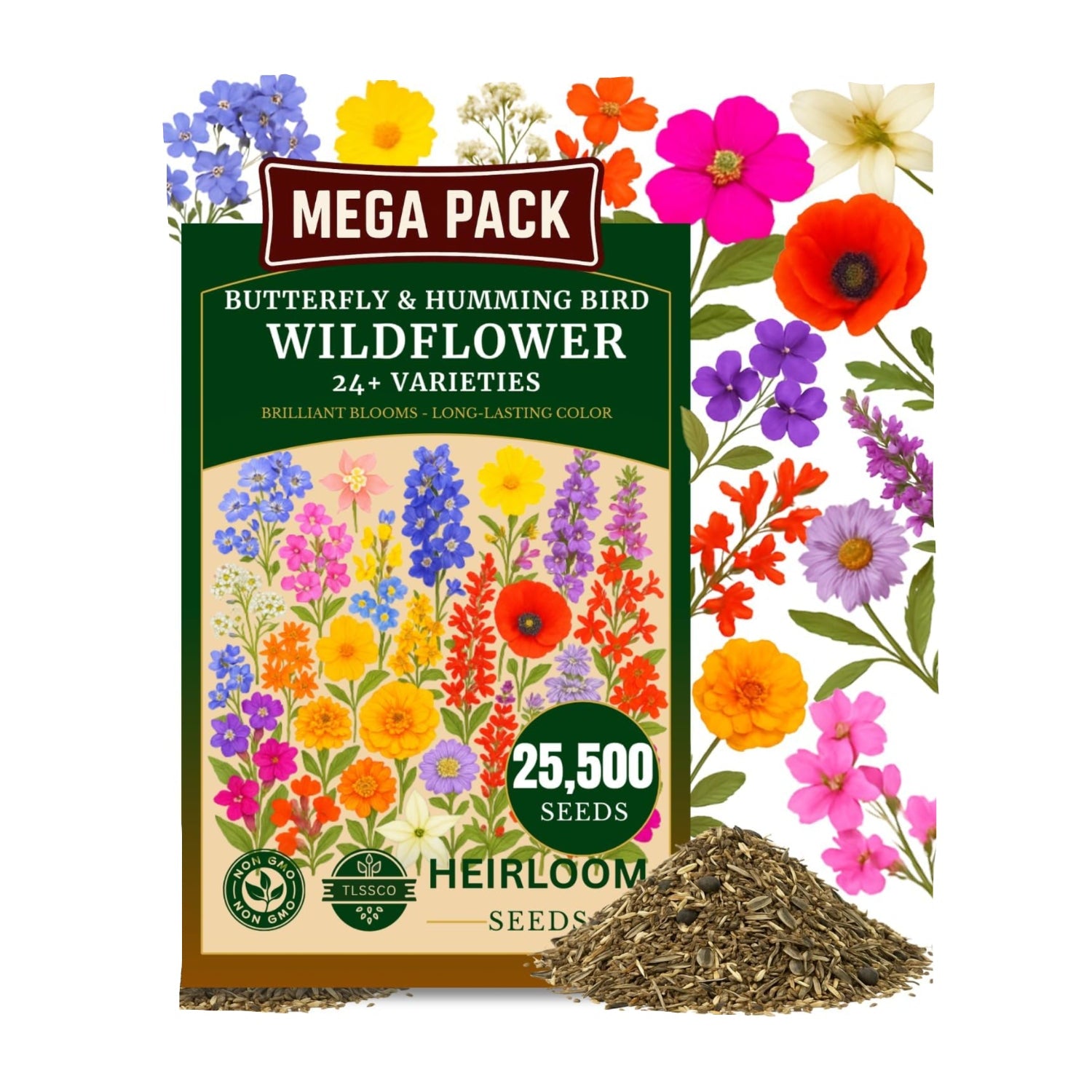 Mega Pack butterfly and hummingbird wildflower seed packet with colorful flowers on a white background