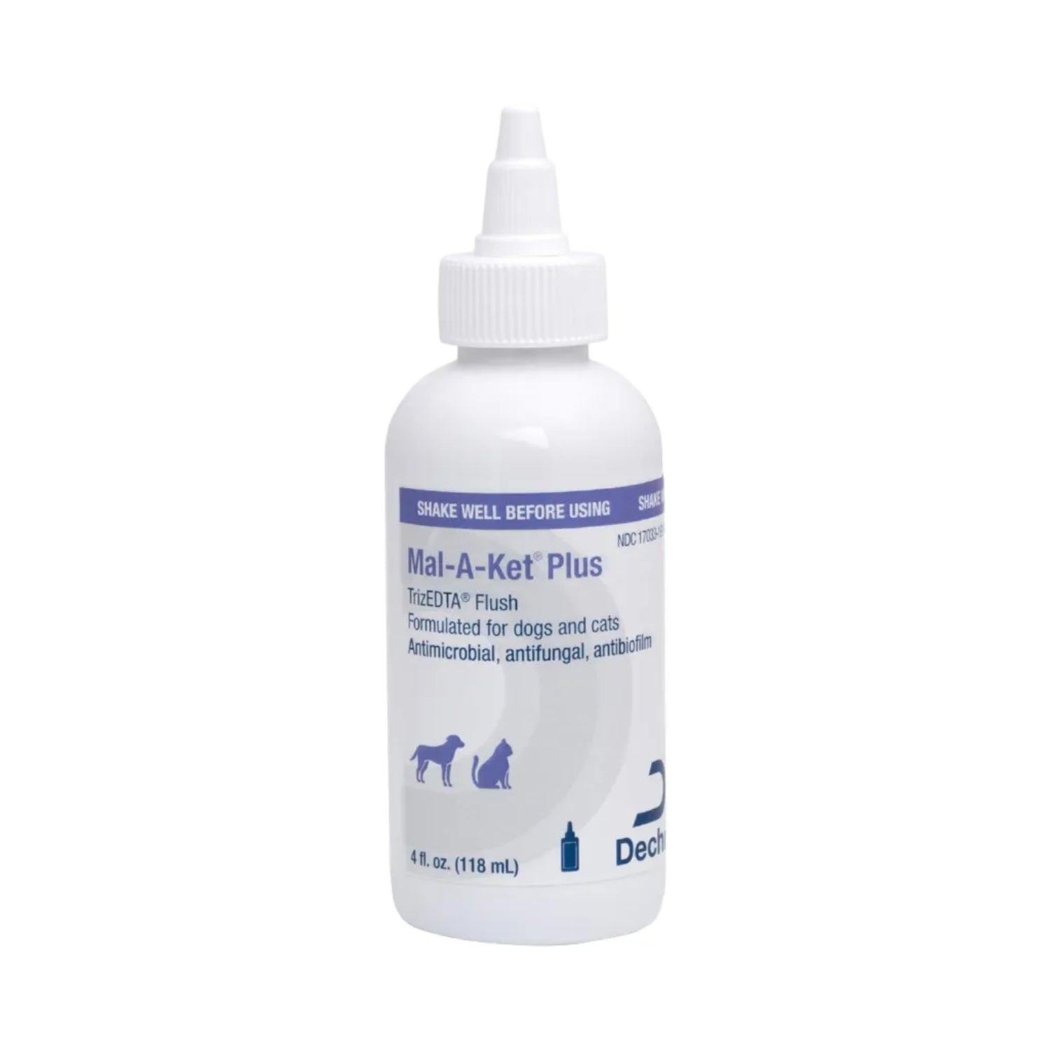 Mal-A-Ket Plus TrizEDTA flush for cats and dogs in a 4 oz bottle, showing the product container with label and cap.