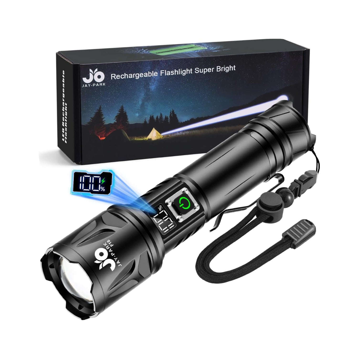 JAY-PARK High Lumen Flashlight - 100000 Lumens, Rechargeable 5000mAh