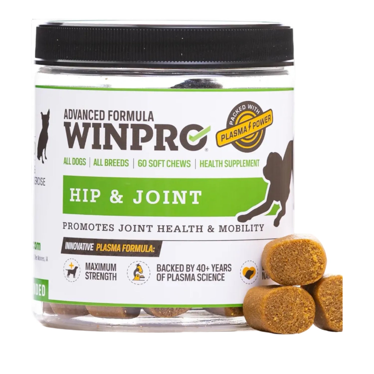 WINPRO Hip and Joint Supplement for Dogs in plasma-powered soft chews, showing the soft chew treats in the image.