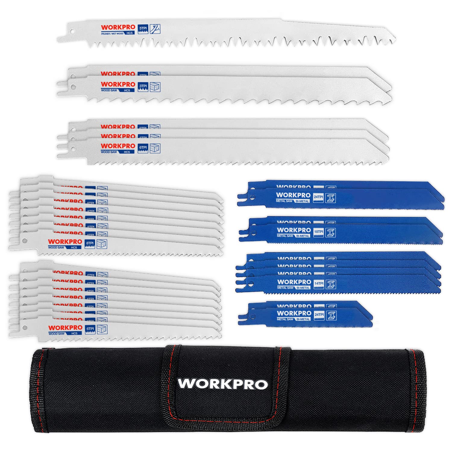 WORKPRO 32-piece reciprocating saw blade set with metal and woodcutting blades, including pruner saw blades, for versatile cutting tasks.