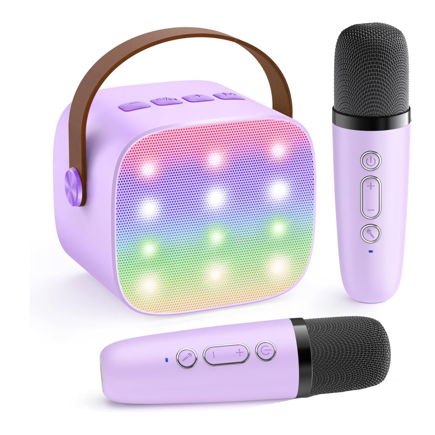 Purple portable speaker with two microphones on a white background