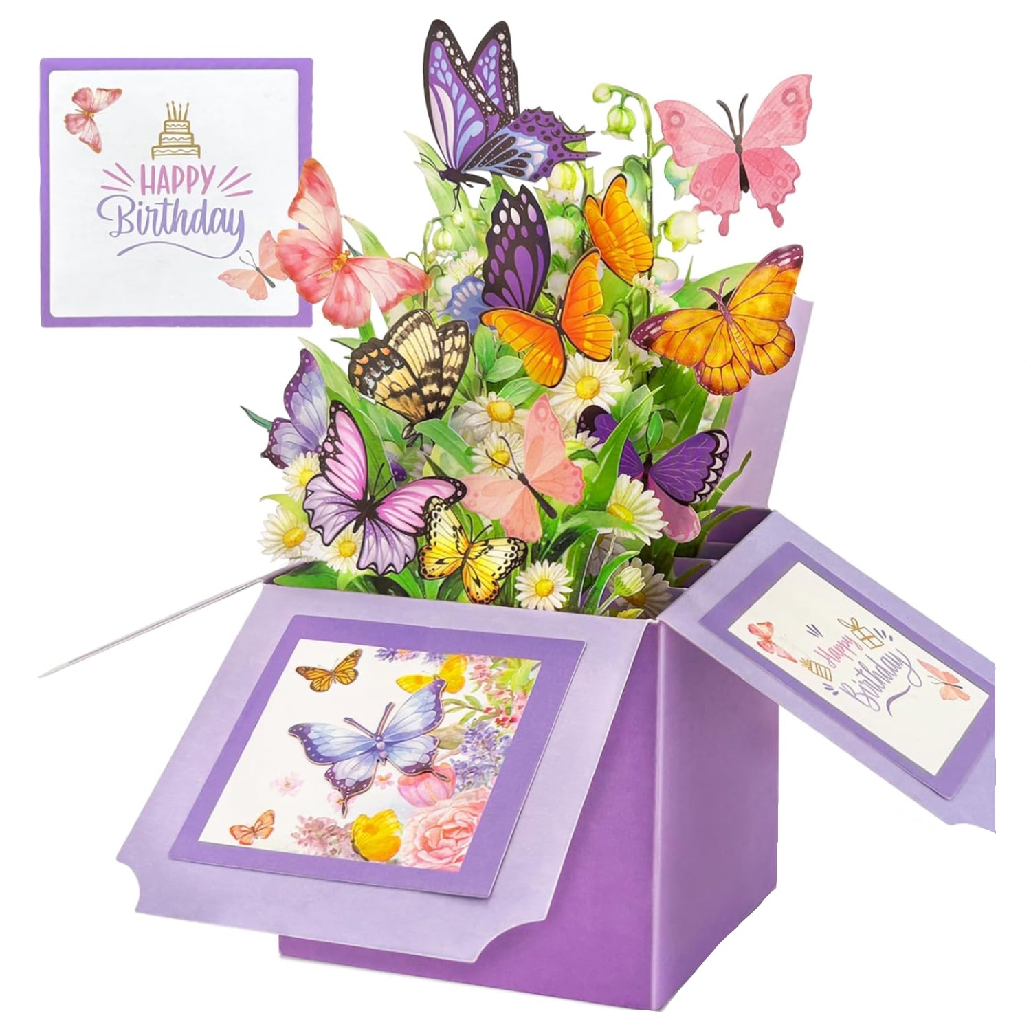 Hierein butterfly pop-up birthday card for women with colorful butterfly designs and "Happy Birthday" message inside.