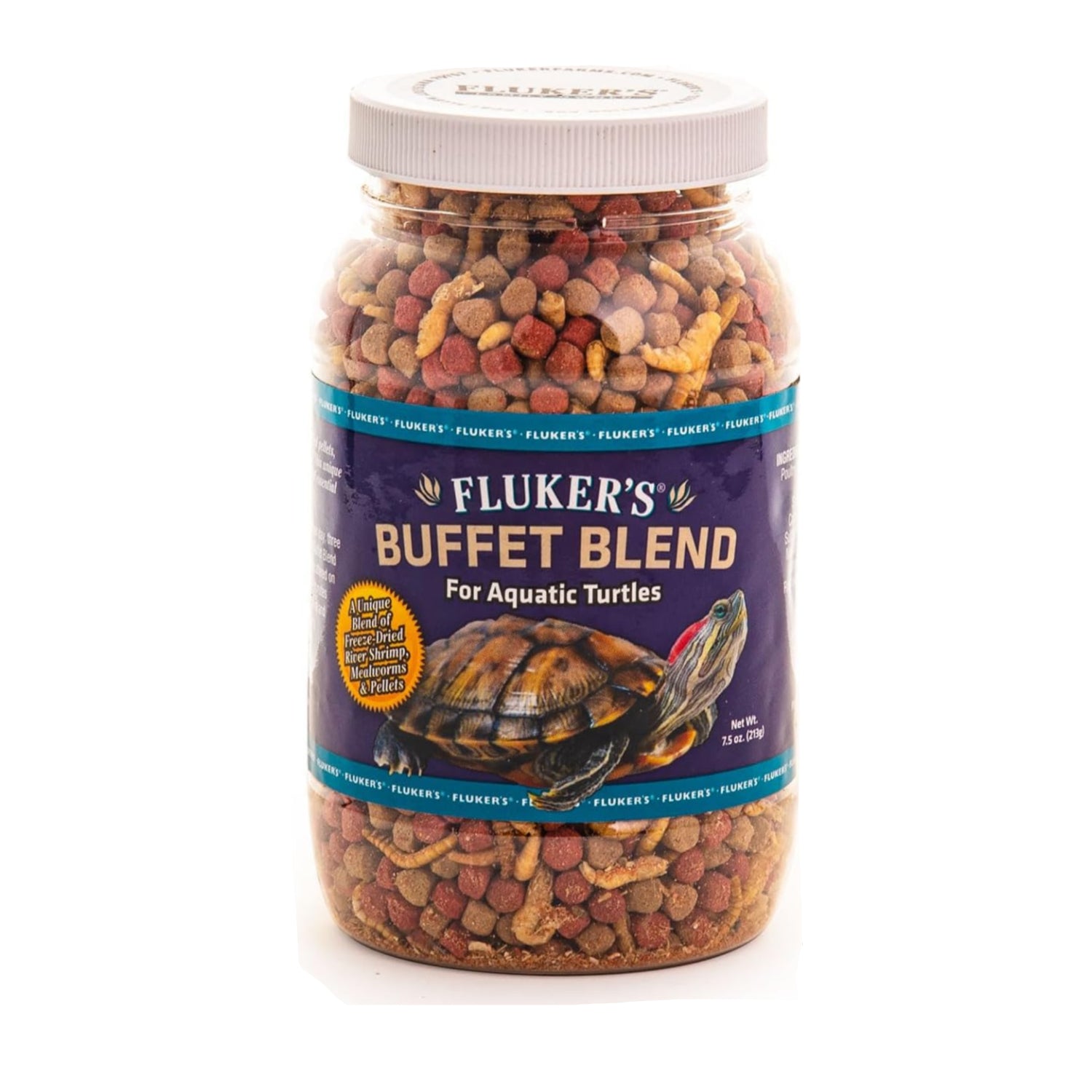 Fluker's Buffet Blend aquatic turtle food with freeze-dried shrimp and dried shrimp in a clear plastic container.