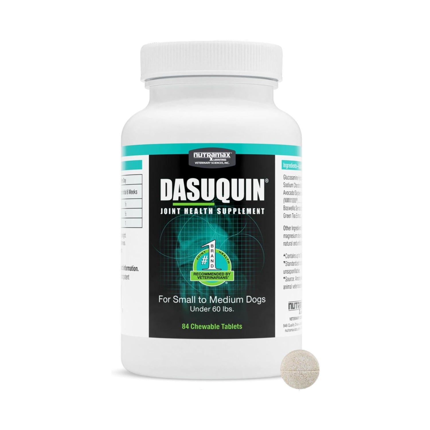 Nutramax Dasuquin joint health supplement for small to medium dogs, showing the product container and packaging.