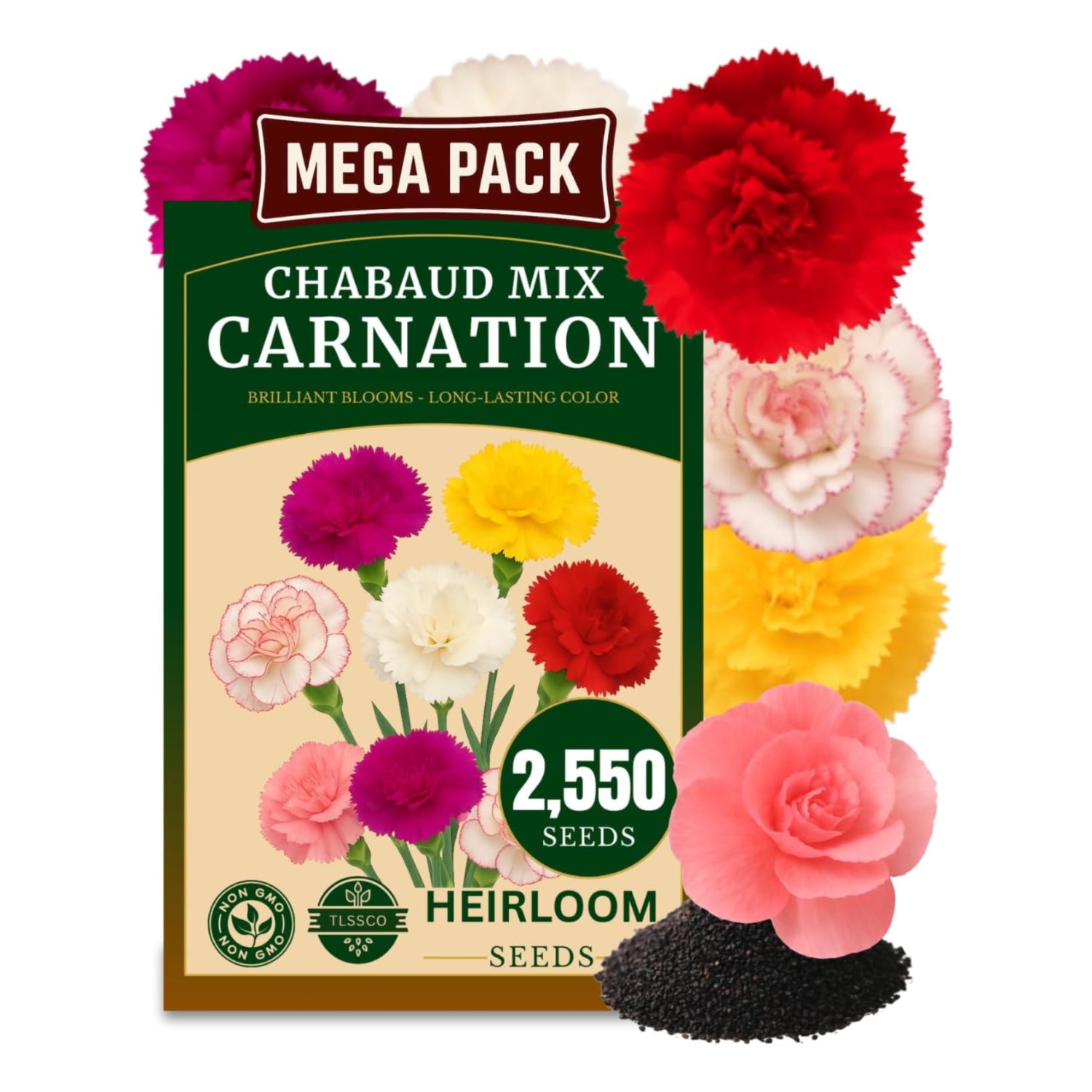 Chabaud Mix Carnation seed packet with colorful carnations on a white background