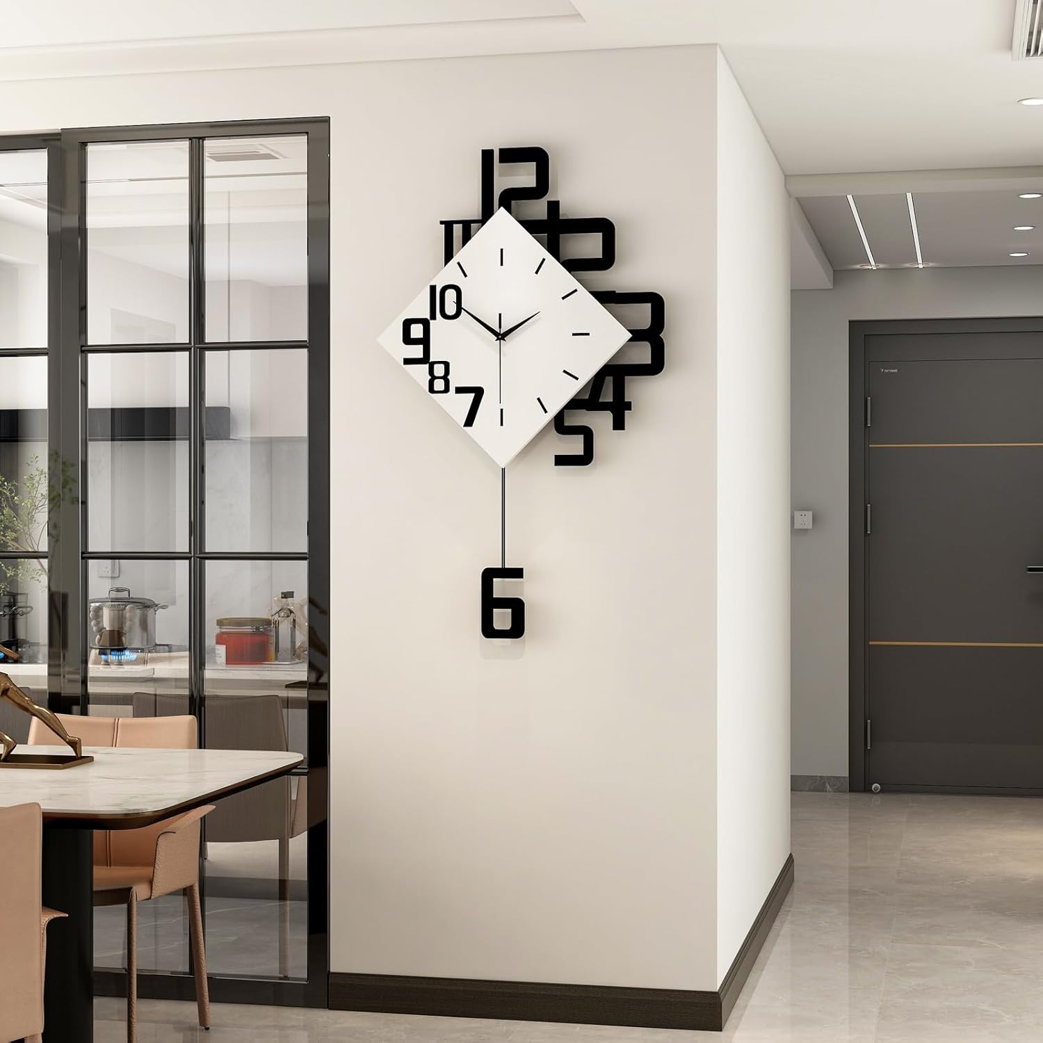 FLEBLE modern large wall clock with silent pendulum, stylish living room decor clock with a sleek design and clear clock face.