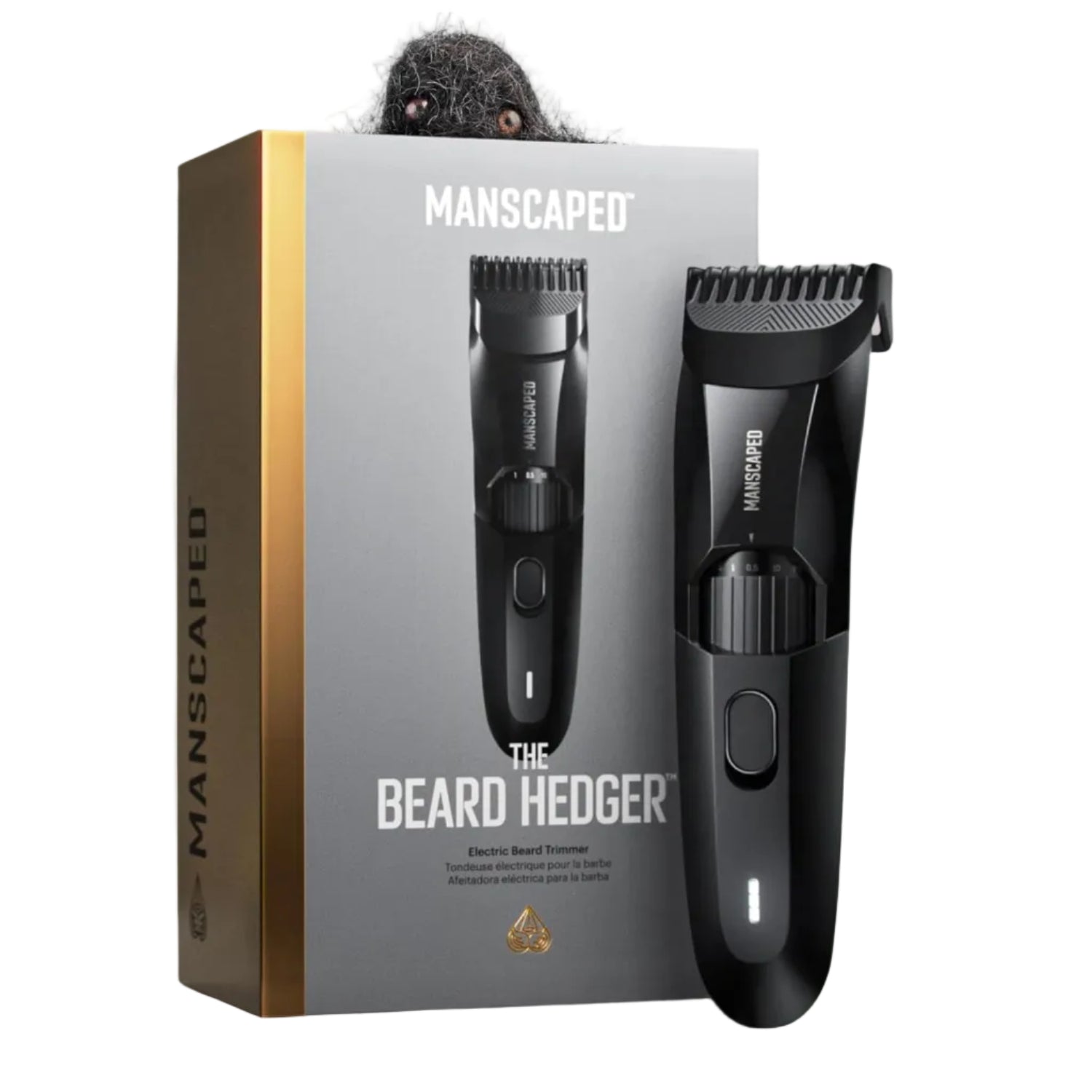 MANSCAPED The Beard Hedger men's premium beard trimmer with adjustable blade and ergonomic design, shown with attachments.