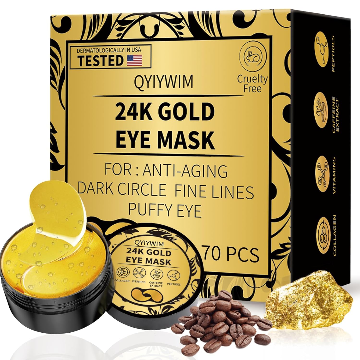 QIYIWIM 24K Gold Eye Mask packaging with gold eye mask, gold nugget, and coffee beans on a white background