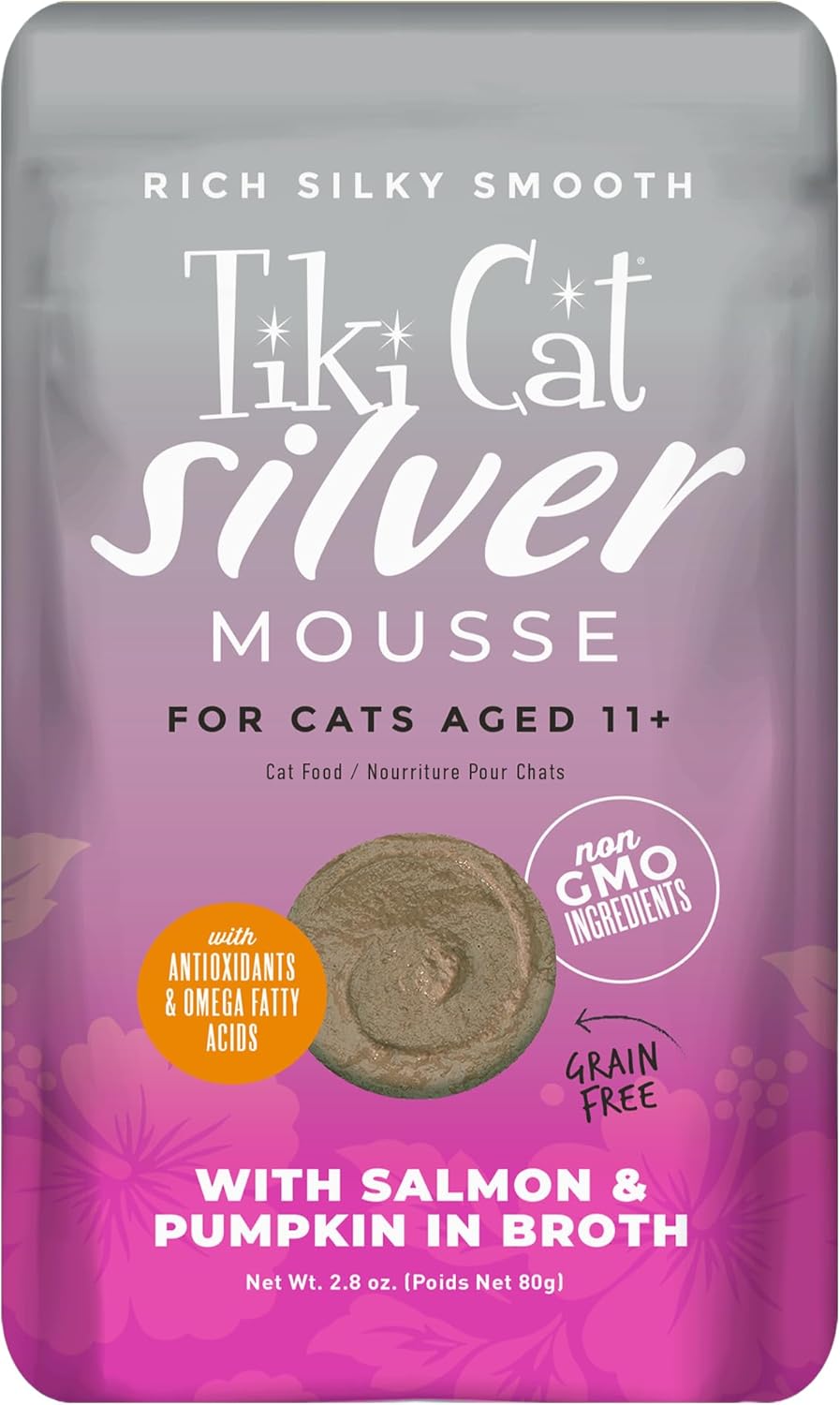 Tiki Cat Silver Mousse with Salmon and Pumpkin in broth, silky smooth nutrient-rich cat food by TIKI PETS.