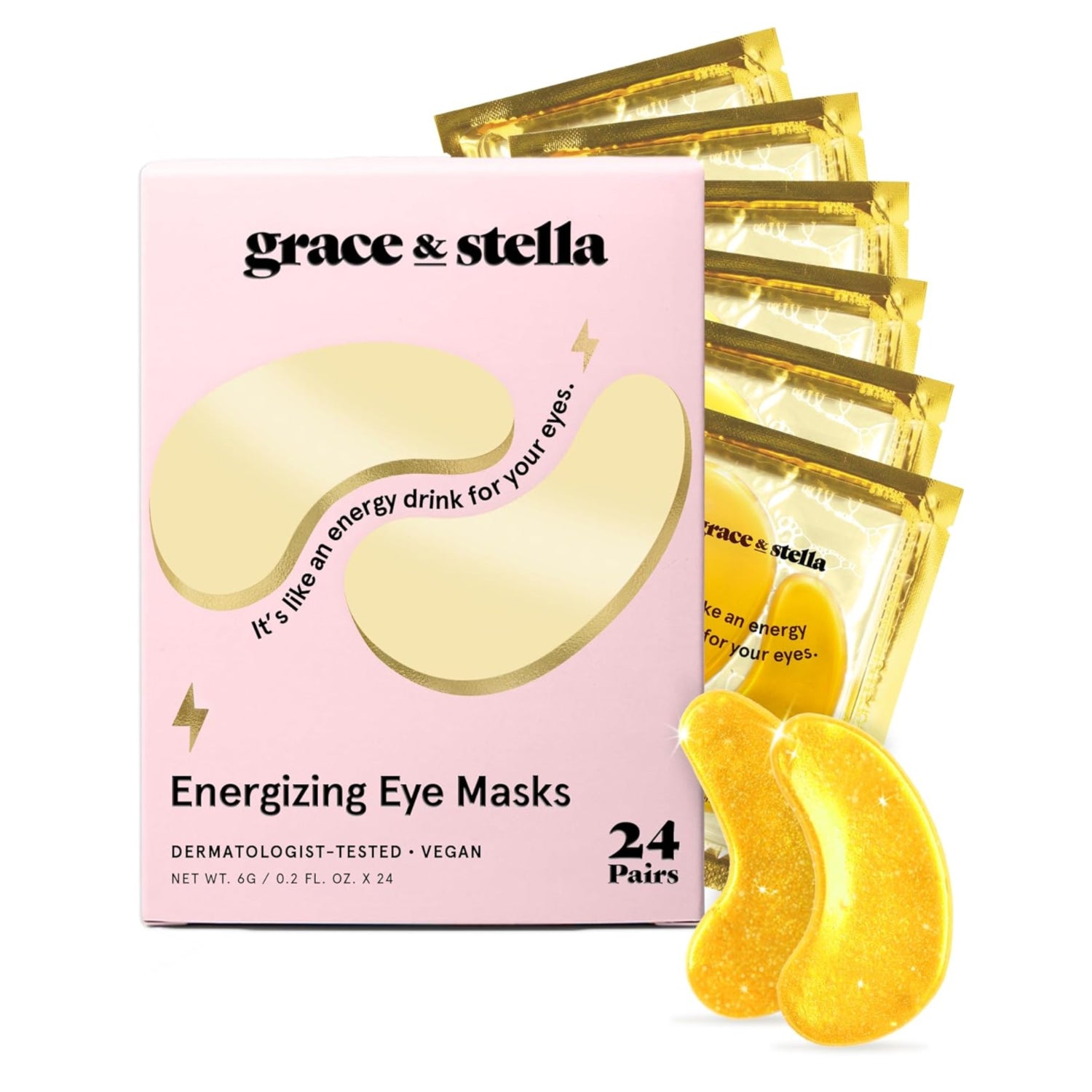 Grace & Stella Energizing Eye Masks packaging with eye masks displayed in front