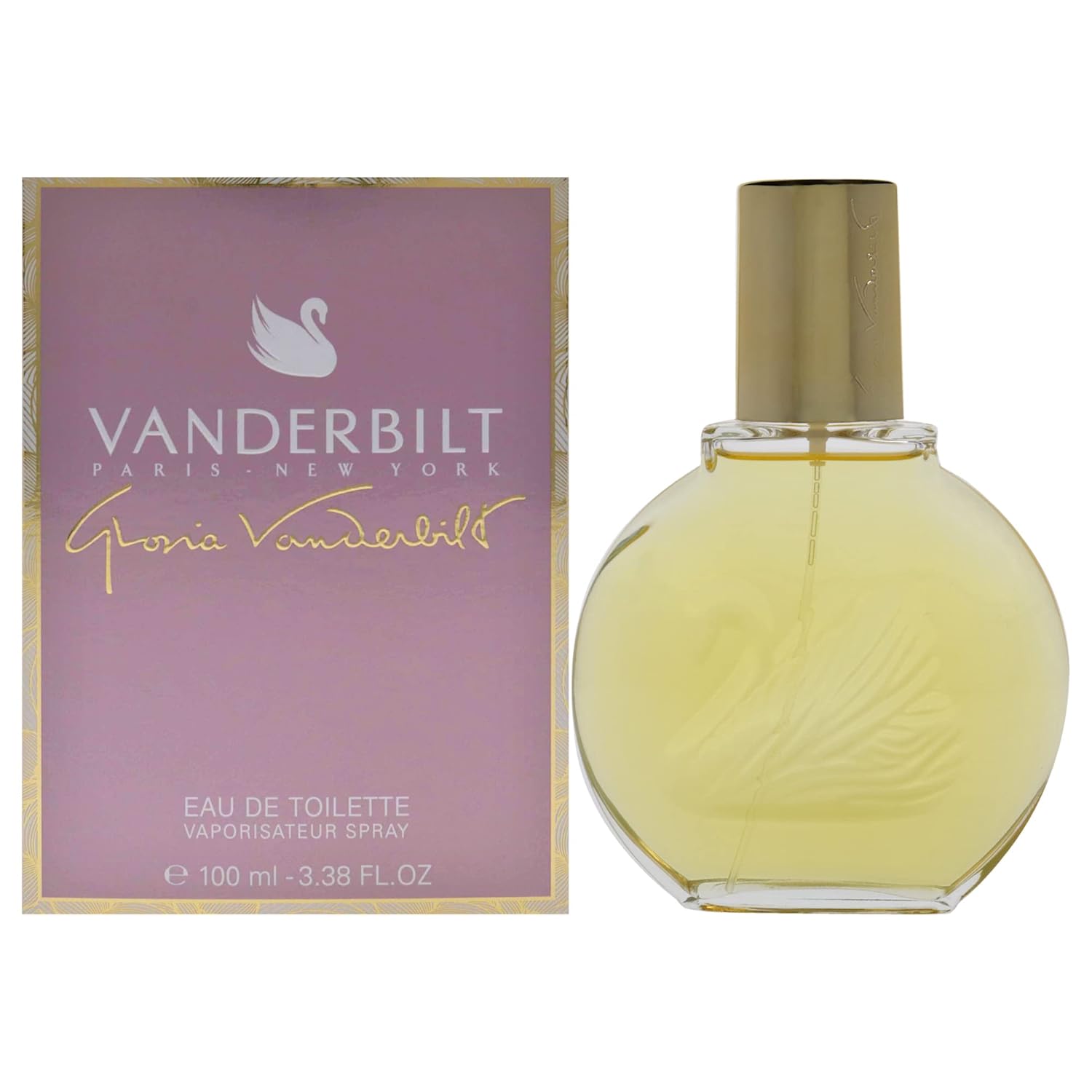 Gloria Vanderbilt Eau de Toilette spray bottle, 3.38 fl oz, with a sleek design and elegant packaging.