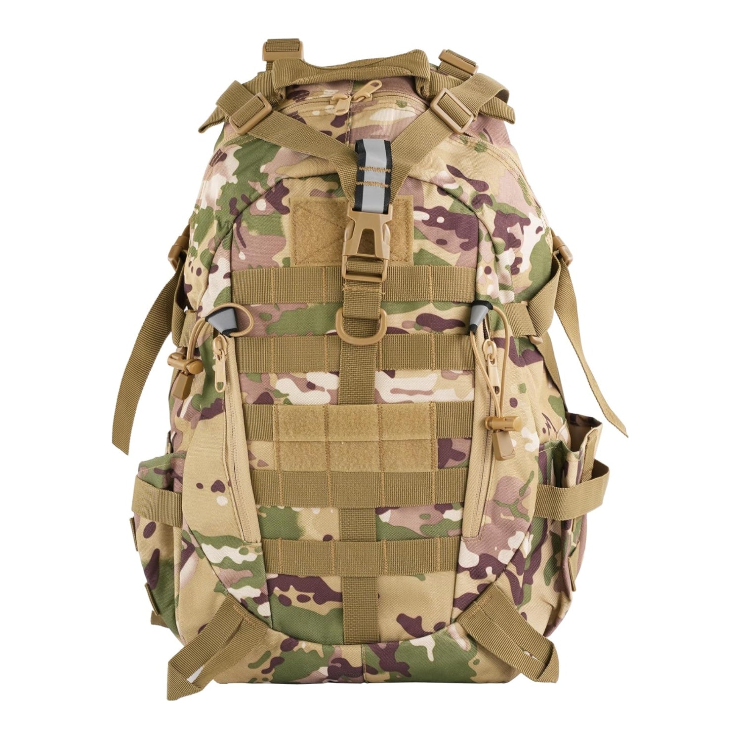 Camouflage backpack with tactical straps on a white background