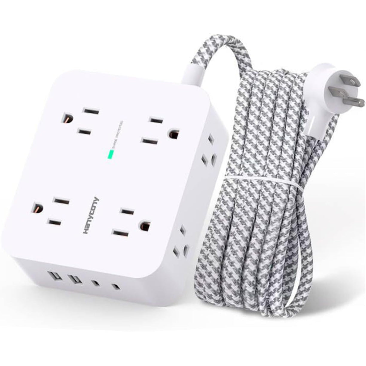 HANYCONY surge protector power strip with 8 outlets and 4 USB charging ports including 2 USB-C ports, white plastic body.