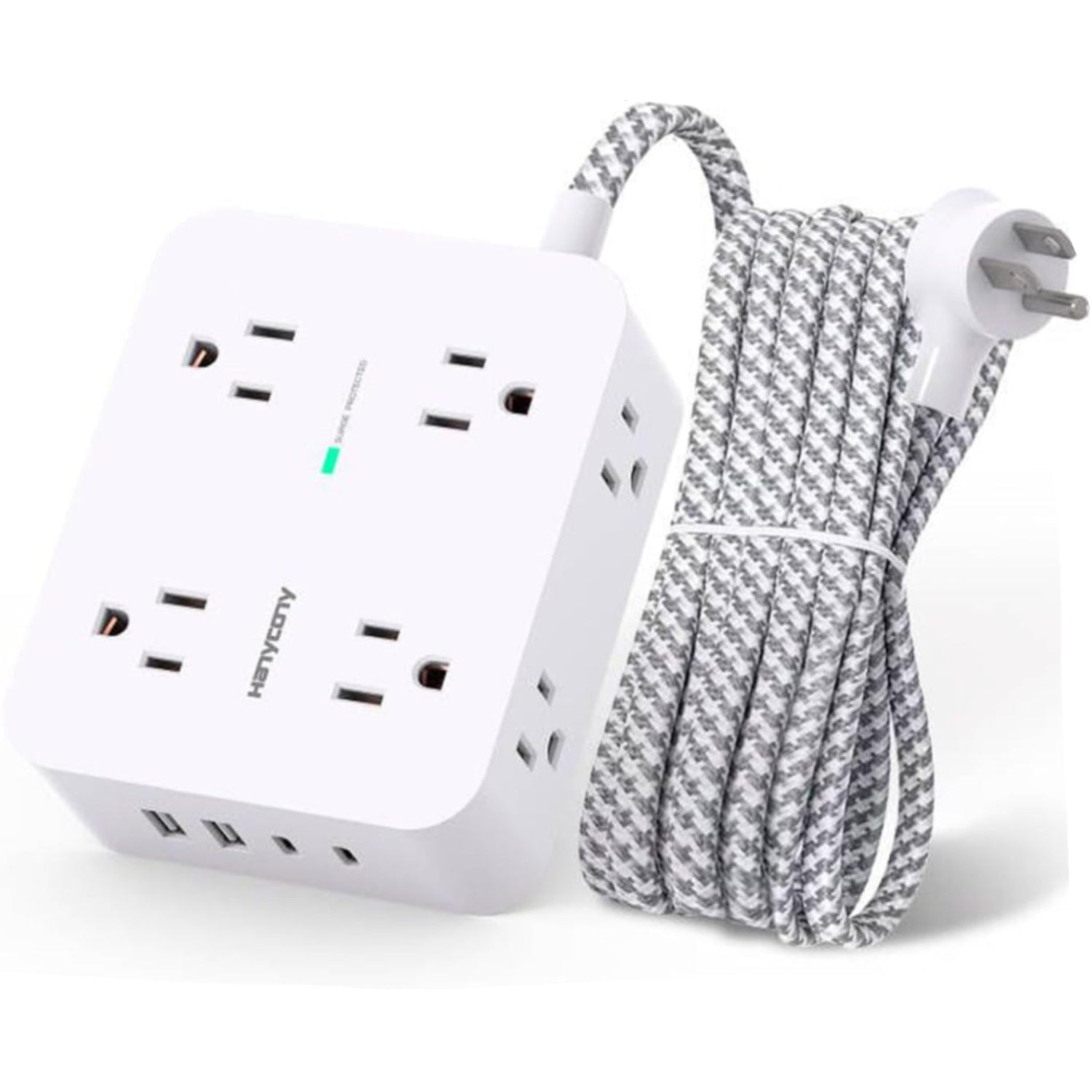 HANYCONY surge protector power strip with 8 outlets and 4 USB charging ports including 2 USB-C ports, white plastic body.
