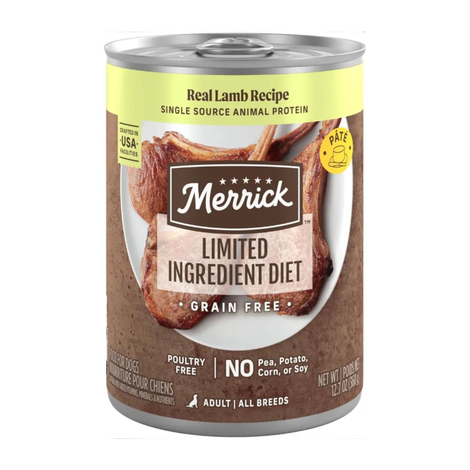 Merrick Limited Ingredient Diet grain-free wet dog food in a can, showcasing the premium quality packaging and product label.