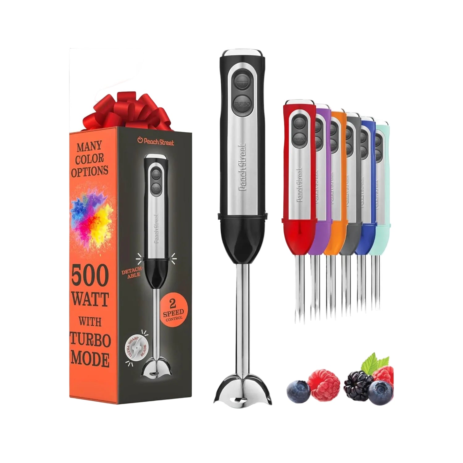 Peach Street immersion blender with packaging, attachments, and fruits on a white background