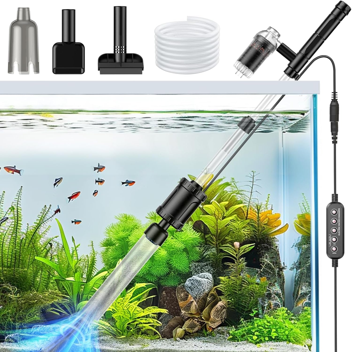 Suness 36W electric fish tank vacuum gravel cleaner showing a handheld aquarium gravel siphon with nozzle and hose attachment