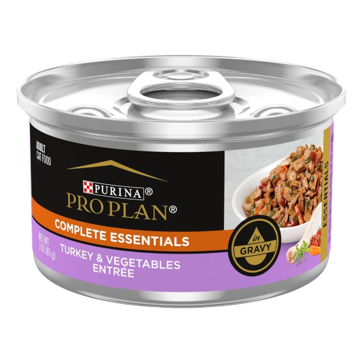 Cans of Purina Pro Plan High Protein Wet Cat Food with gravy, showing the product label and packaging for complete feline nutrition