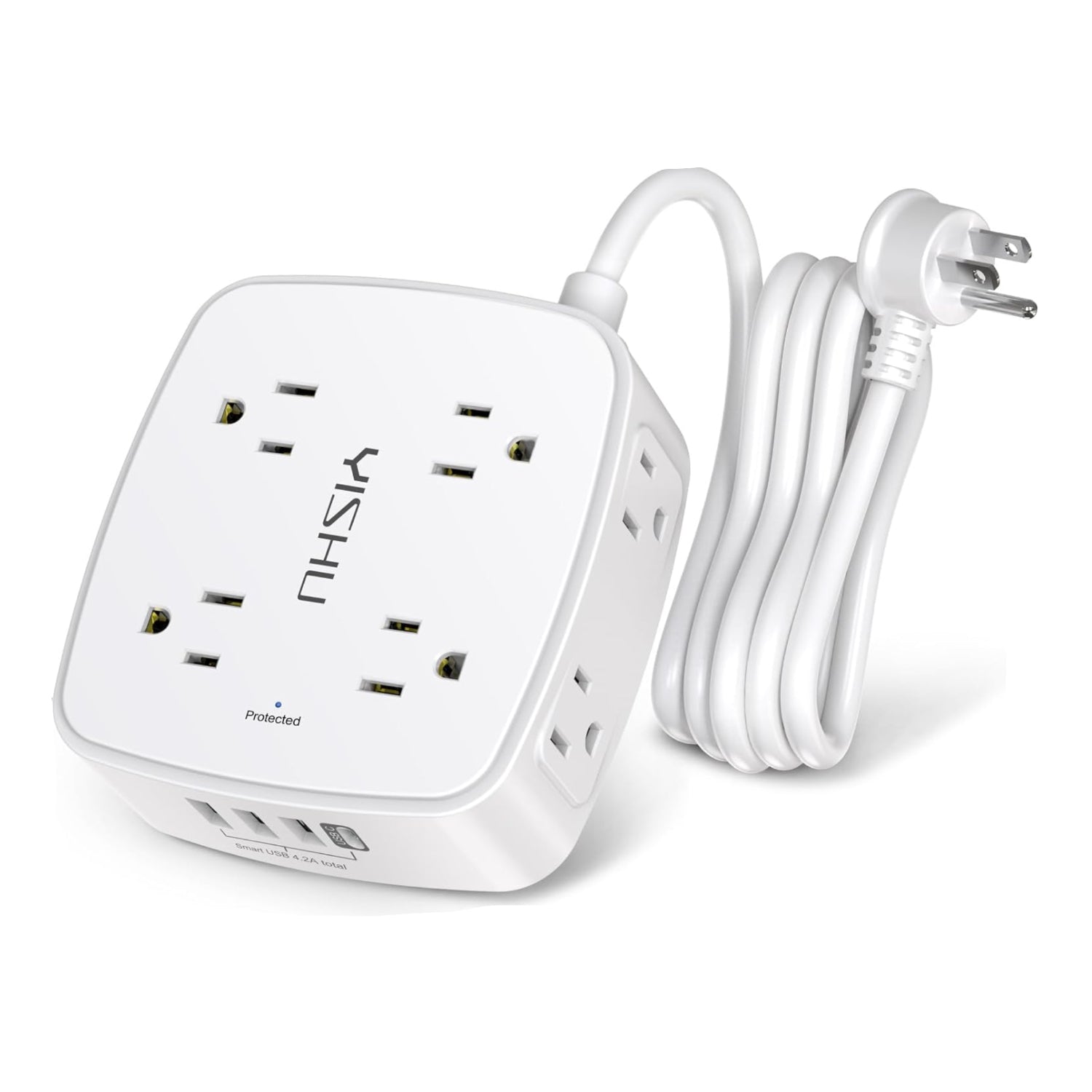 White power strip with multiple sockets and a plug on a white background