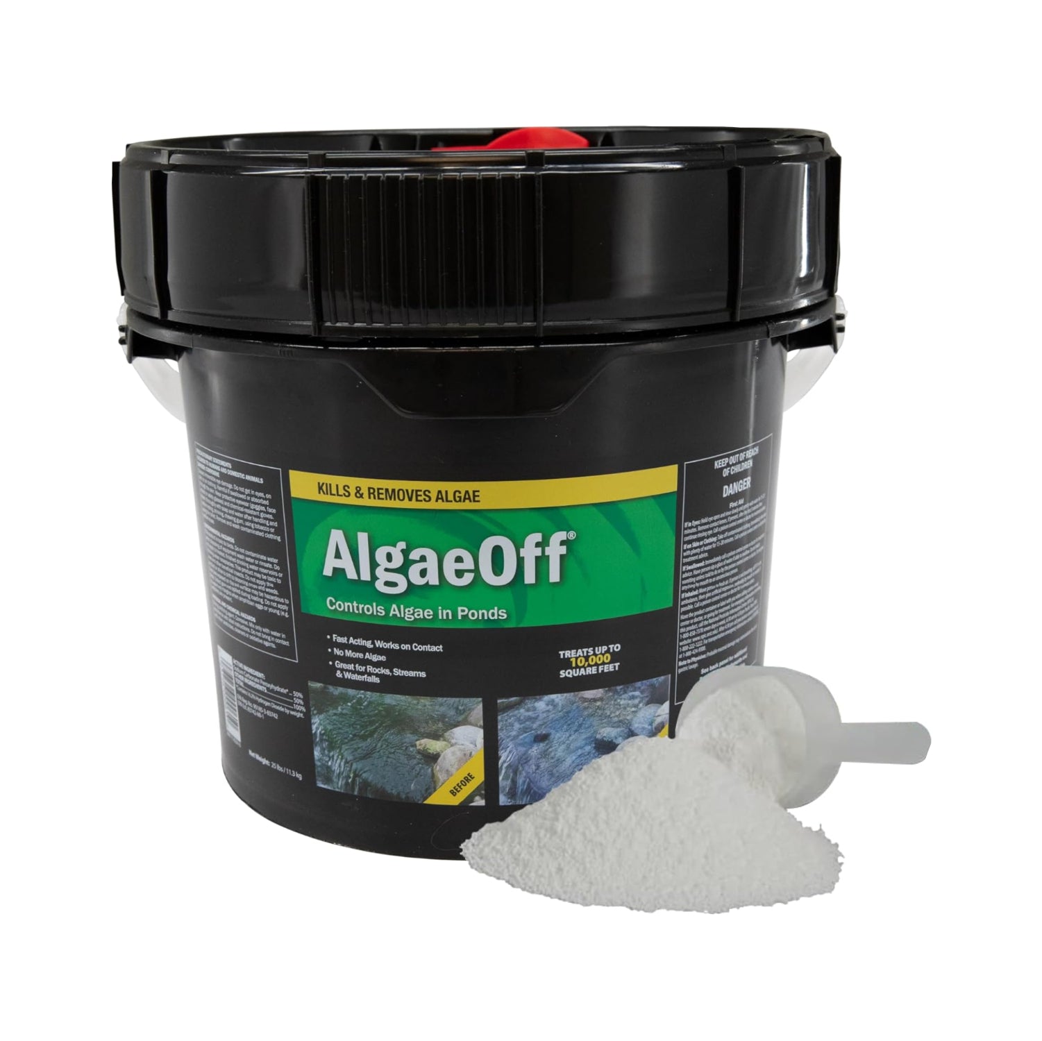 CrystalClear AlgaeOff pond and water garden scum cleaner in a container, designed for pond waterfalls and water features.