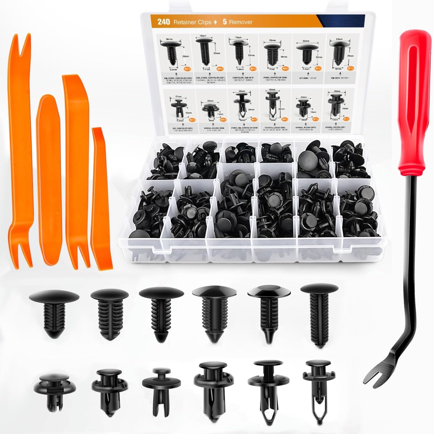 Set of 240 GOOACC bumper retainer clips and plastic rivets for car fasteners, shown in a variety of sizes and shapes.
