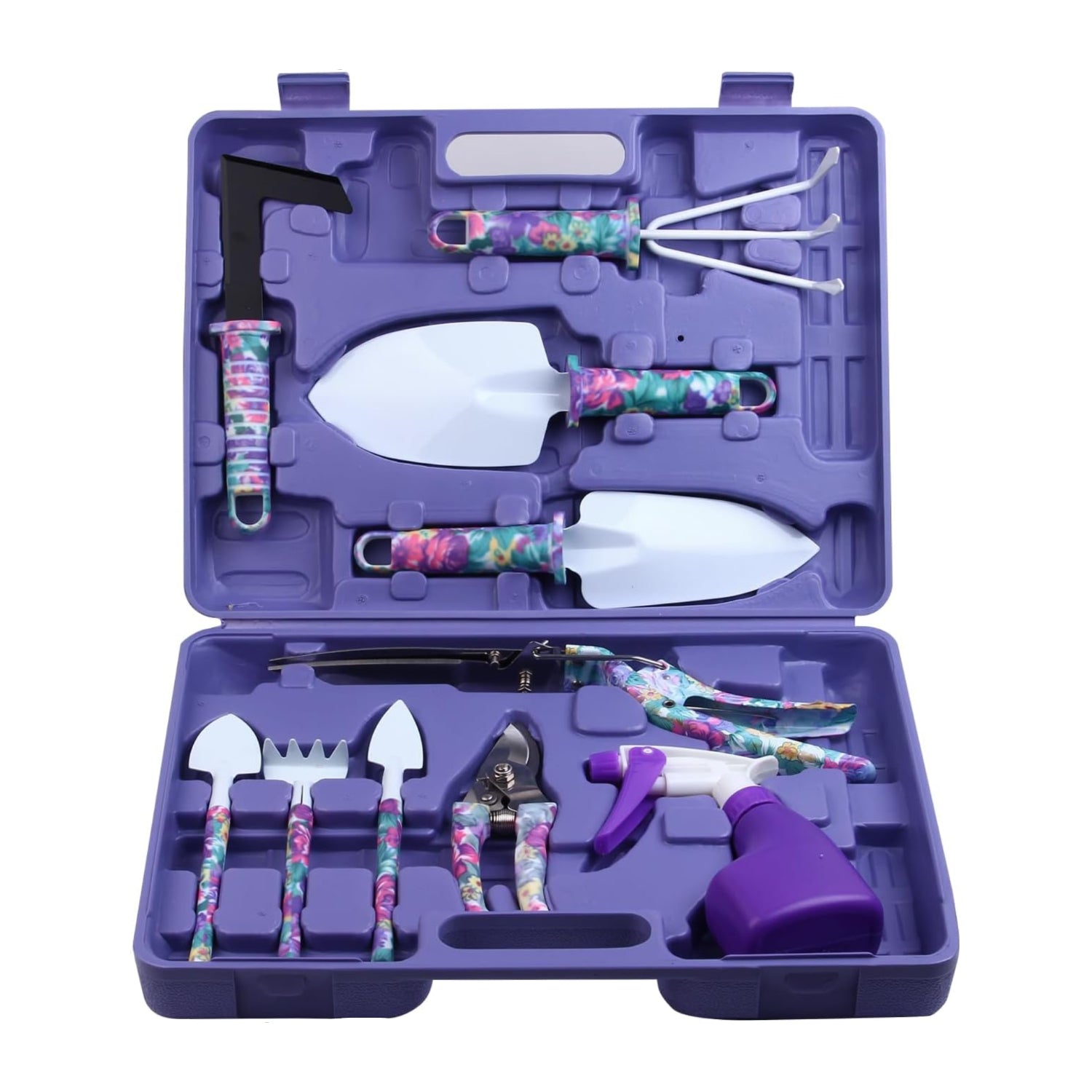 JUMPHIGH 10-piece garden tools set with floral print, ergonomic handles, including trowel, pruners, and cultivator, for gardening.