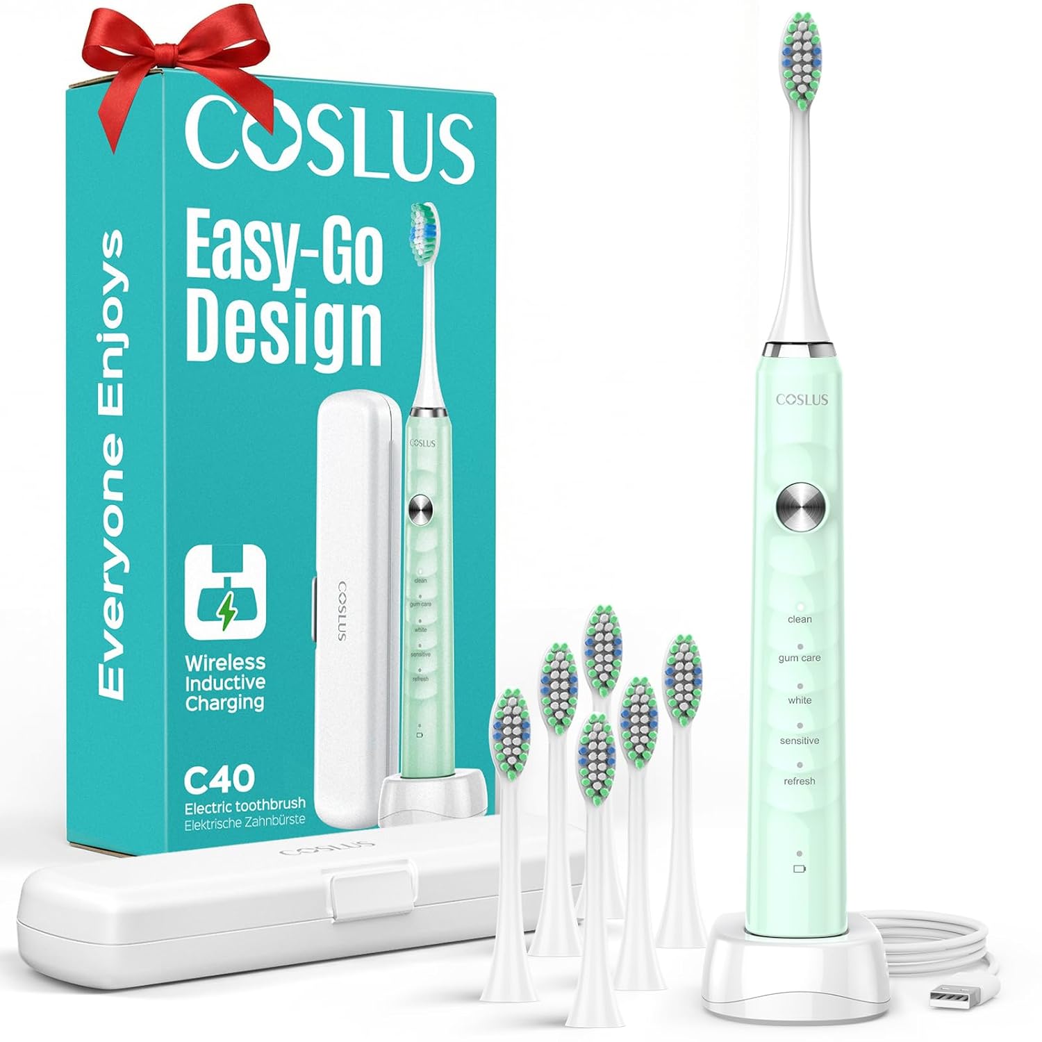 Coslus electric toothbrush set with packaging, toothbrush, and multiple brush heads on a white background