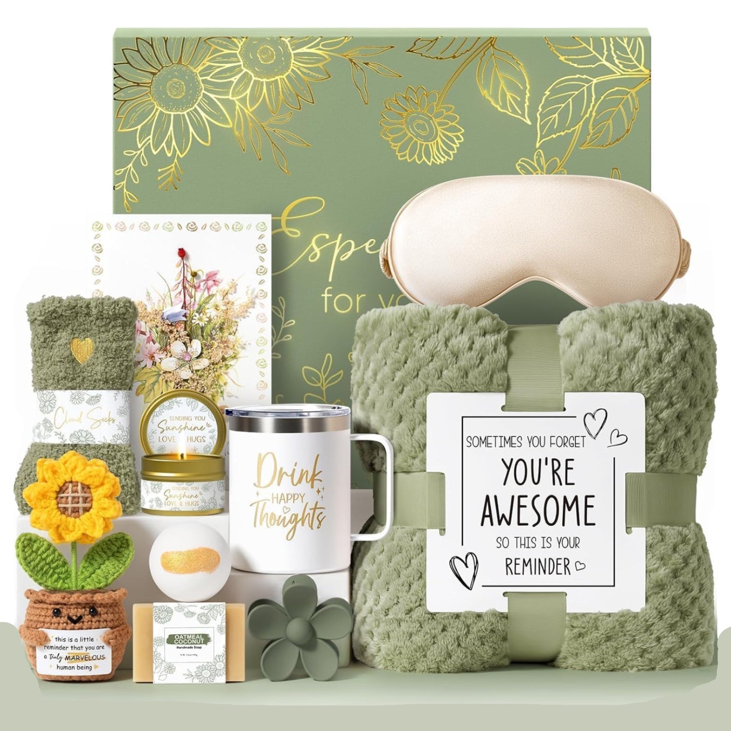 MAYICIVO self-care birthday gift basket for women with spa products, wellness items, and a get well soon gift set arranged in a basket.