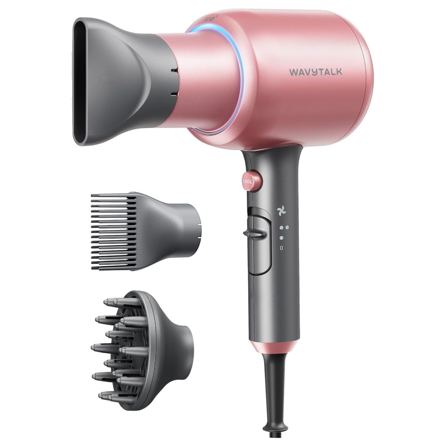 Wavytalk Blown Away Ionic Hair Dryer with diffuser for curly hair, showcasing black hair being dried and styled.