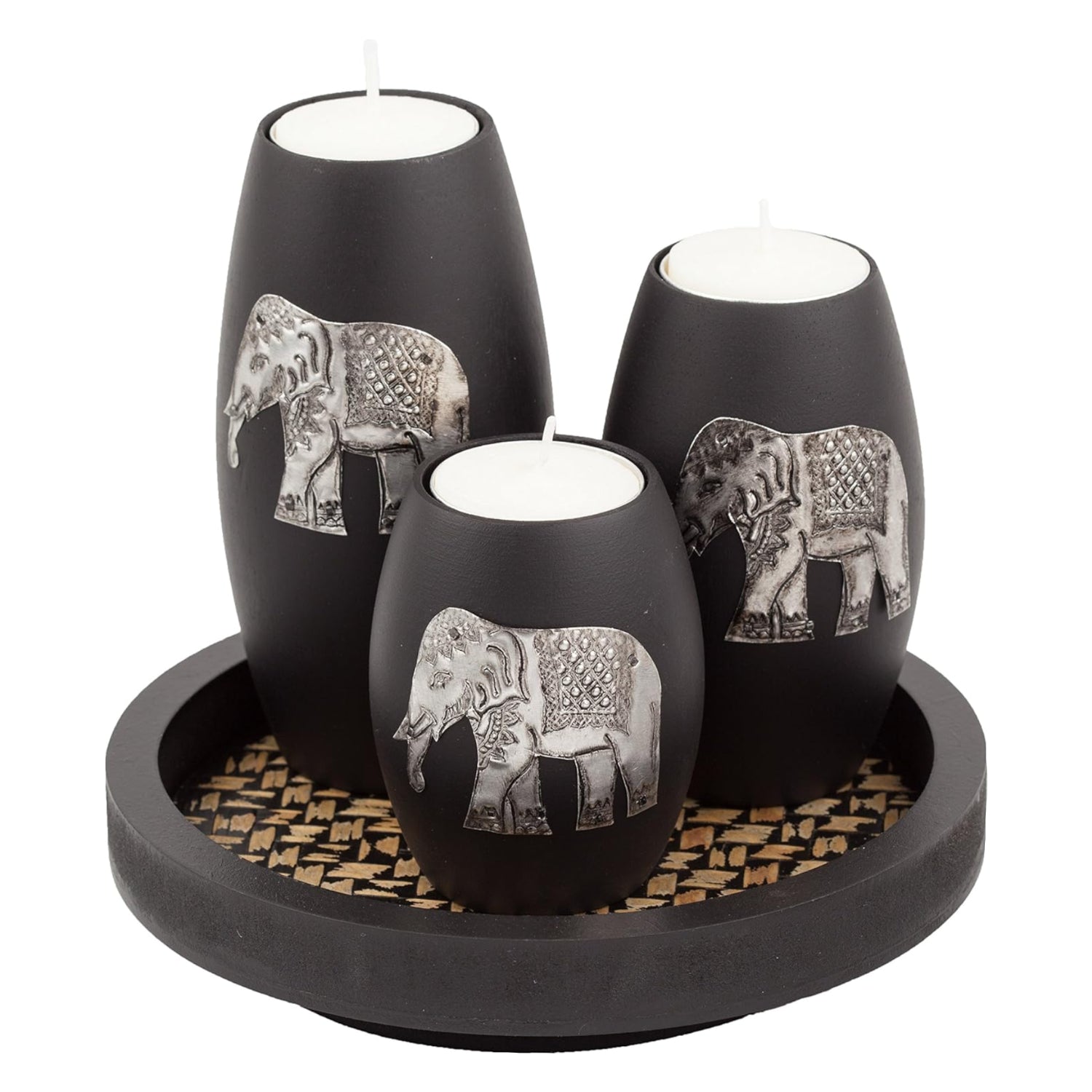 IYARA CRAFT Elephant Candle Holder Set with three handmade wooden tealight holders featuring detailed elephant carvings.