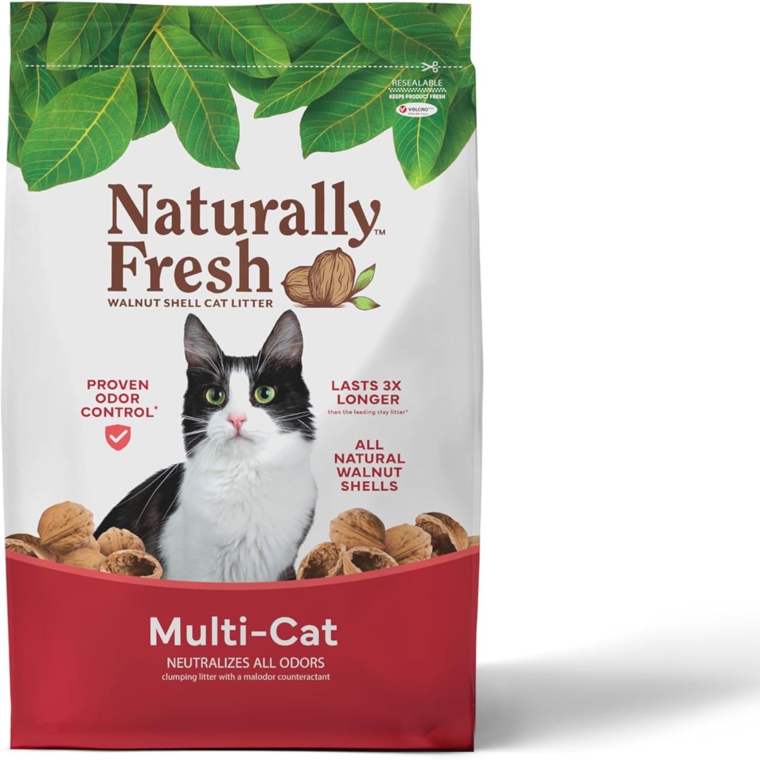 Naturally Fresh walnut shell cat litter for multi-cat households, unscented and natural with a clean, granular texture.