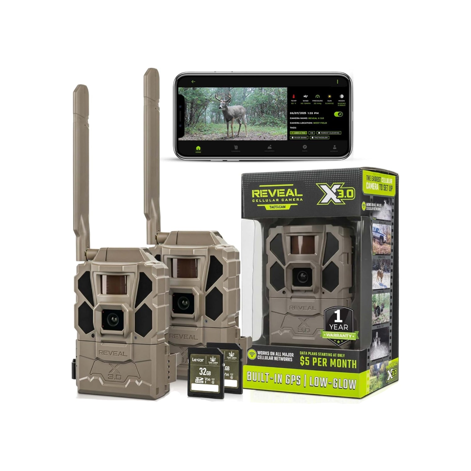 Reveal cellular game camera with smartphone display, camera, and packaging on a white background