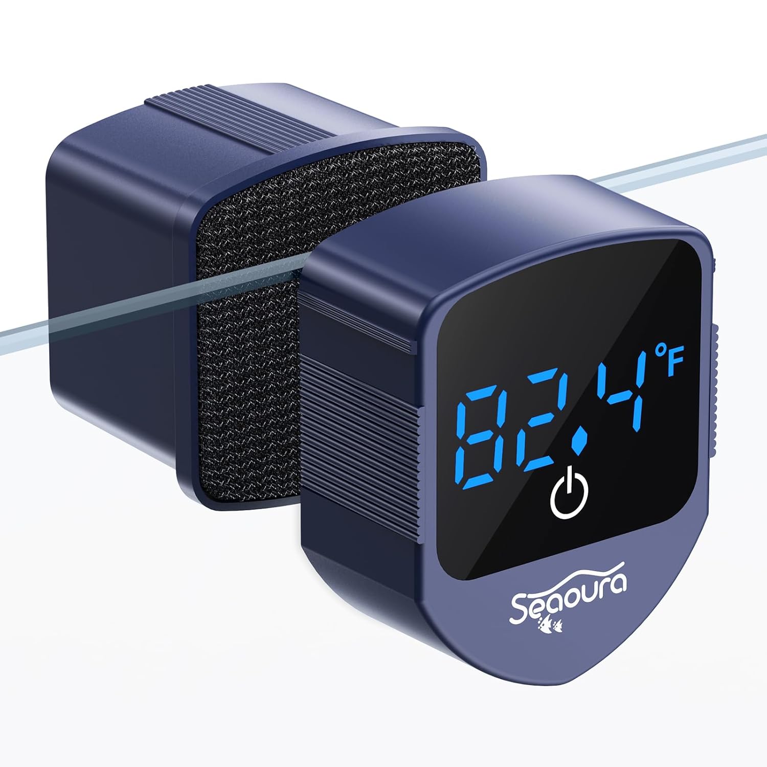 SEAOURA aquarium magnetic cleaner with built-in thermometer for fish tanks, showing the cleaner attached to glass and thermometer display
