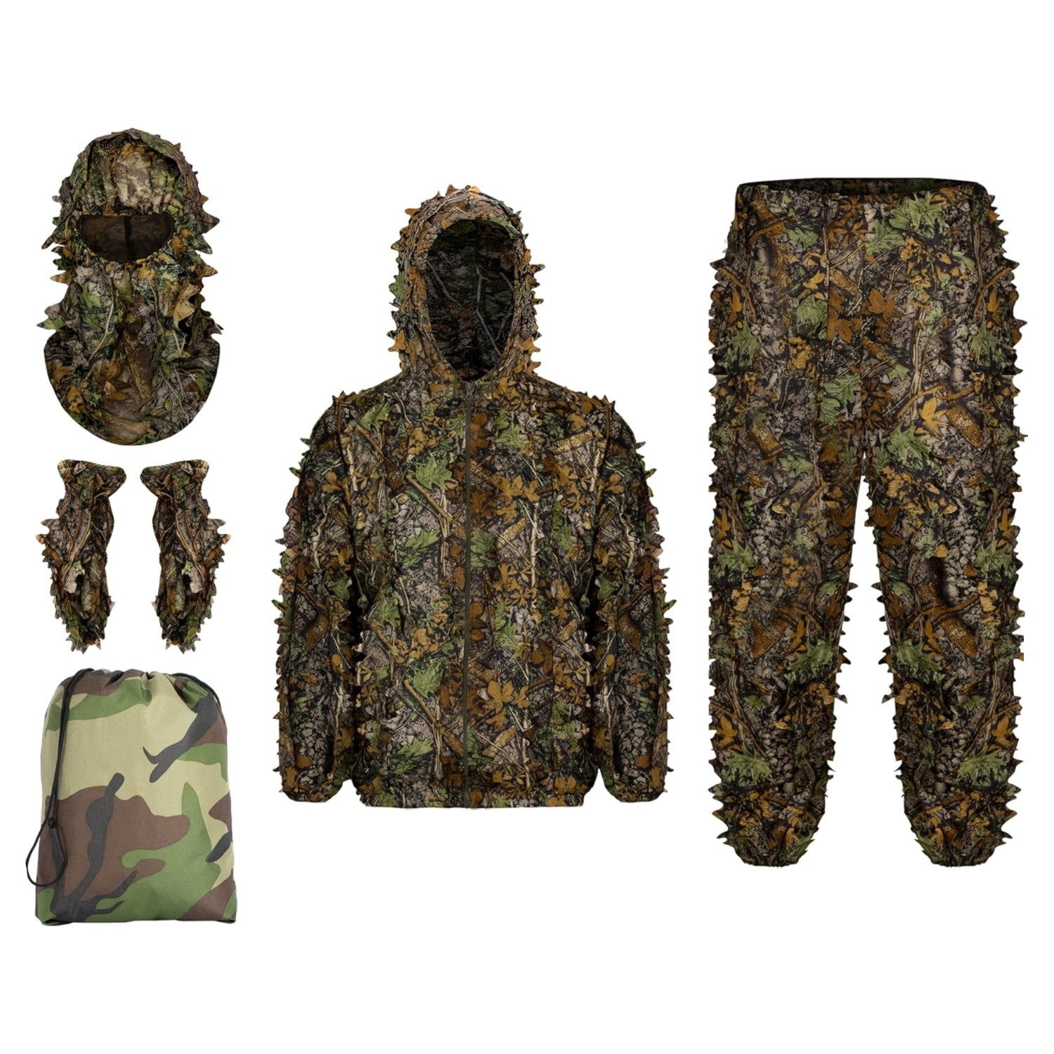 Ginsco Ghillie suit with full face mask and gloves, men’s 3D leafy camouflage set with leafy camo pattern and M size.