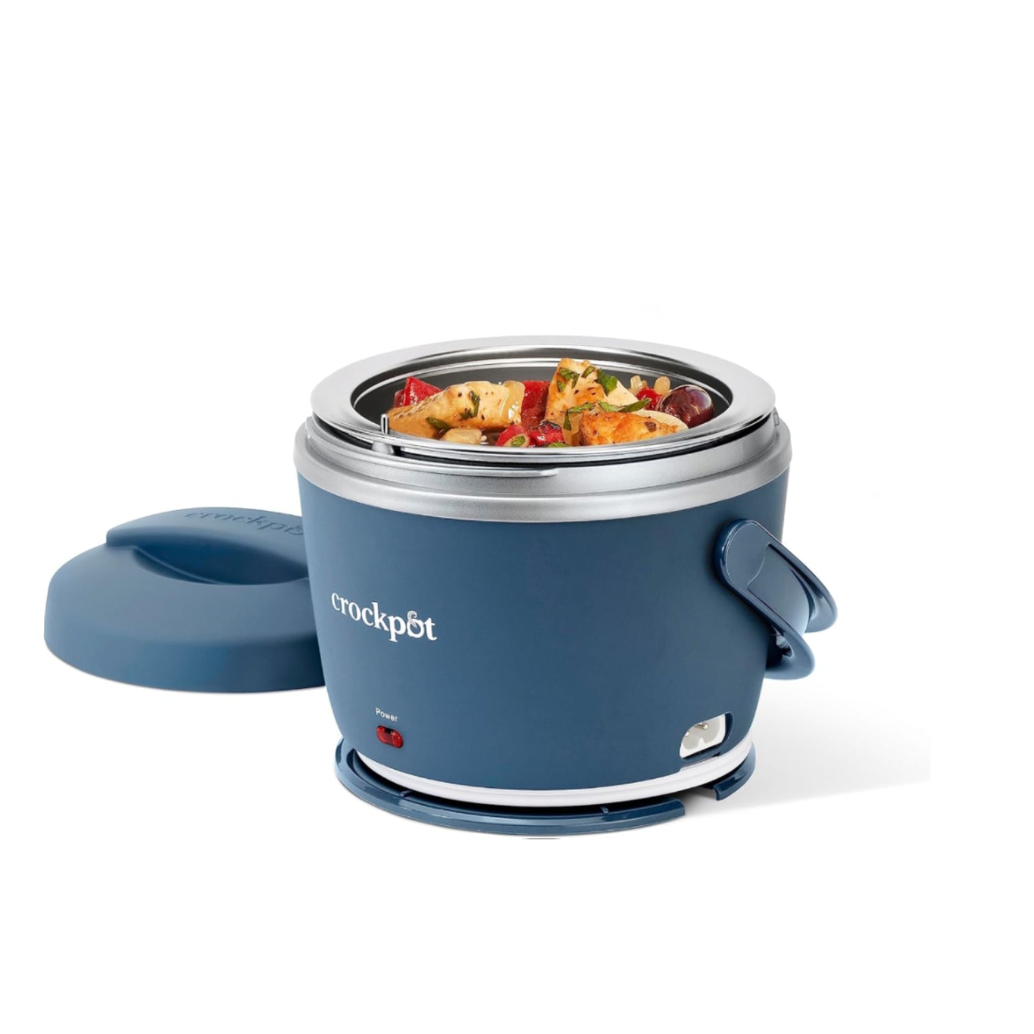 Crock-Pot 20-ounce electric lunch box in faded blue with portable food warmer and handle for convenient meal heating.