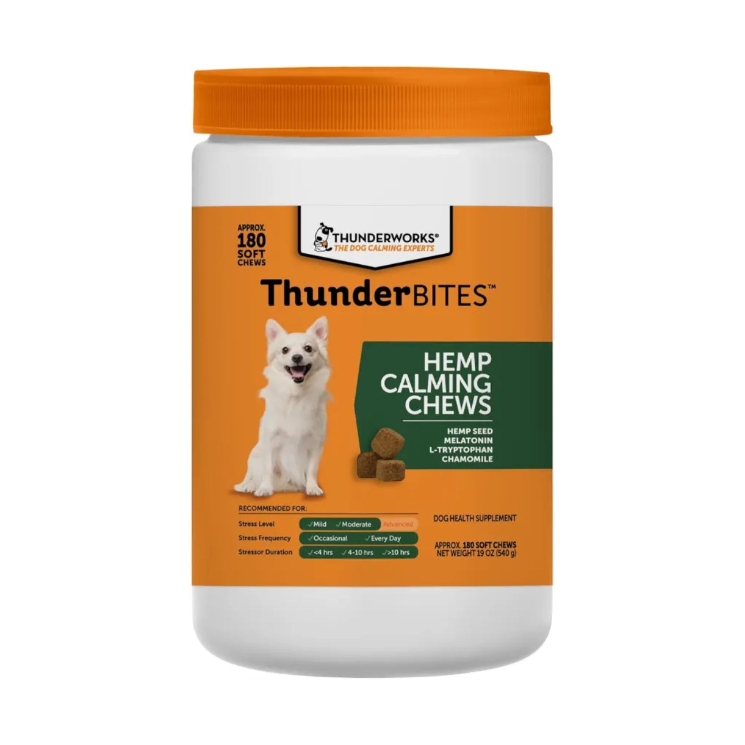 ThunderWunders Hemp Dog Calming Chews by ThunderBites, vet-recommended treats for situational anxiety relief in dogs.