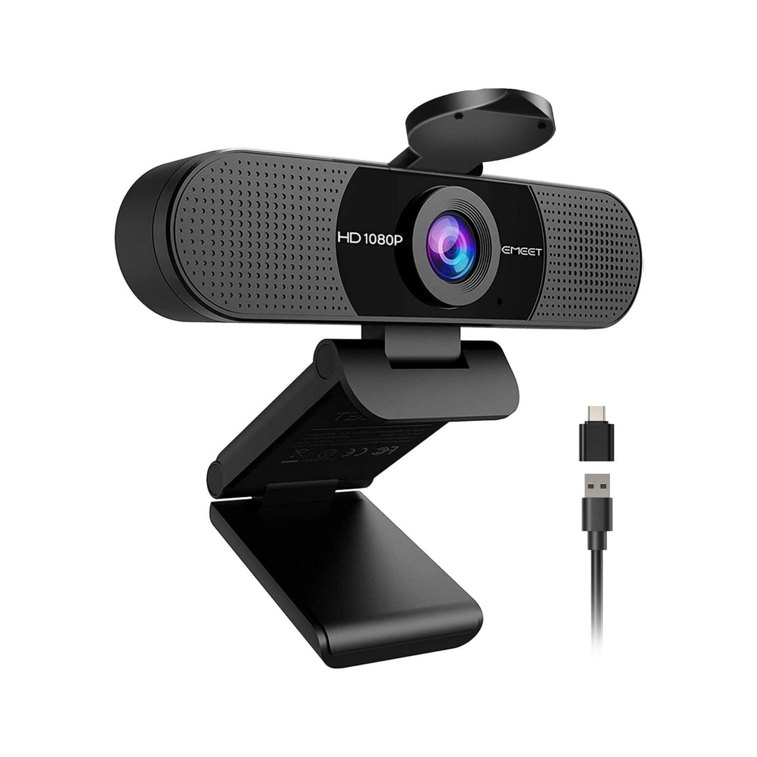 Black HD webcam with USB cable on a white background