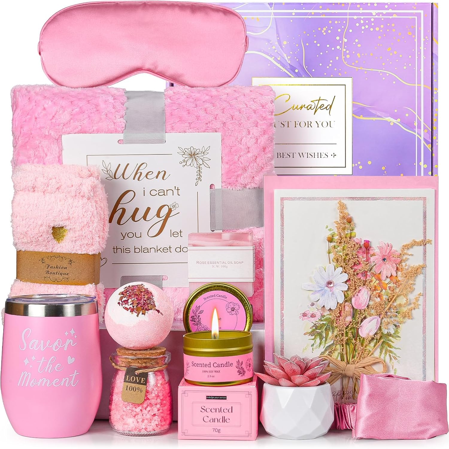 Zerivne self-care gift basket for women with relaxing rose-scented products and wellness items in an 11-piece get well soon set.