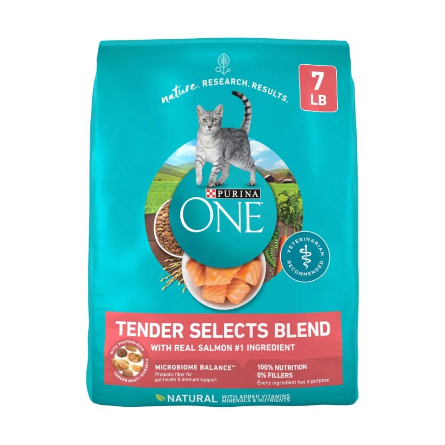 Purina ONE Natural Dry Cat Food with real salmon in a 7 lb. bag, Tender Selects Blend, showing the bag and cat food kibble