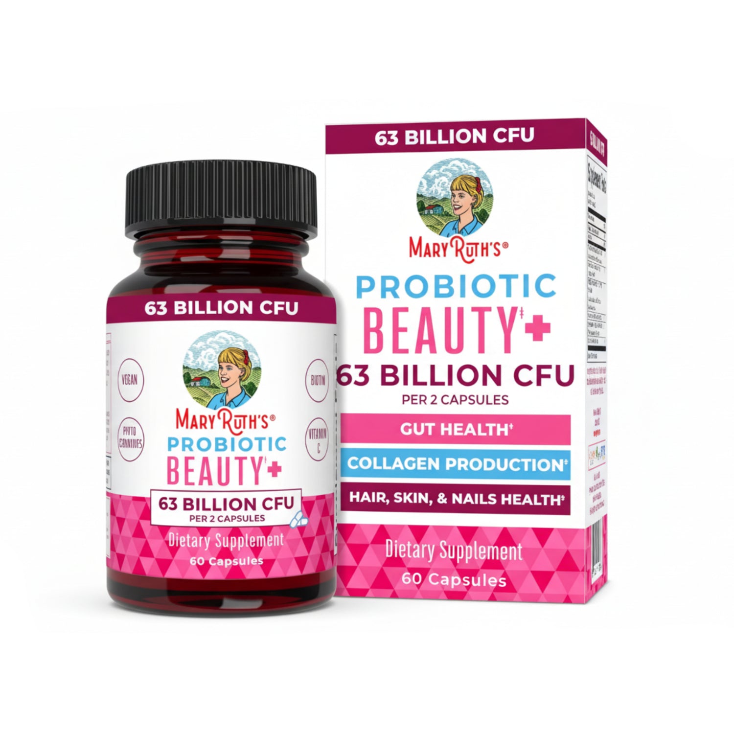 MaryRuth's Probiotic Beauty Capsules bottle with label, vegan collagen support supplement for skin health, featuring capsules and packaging.